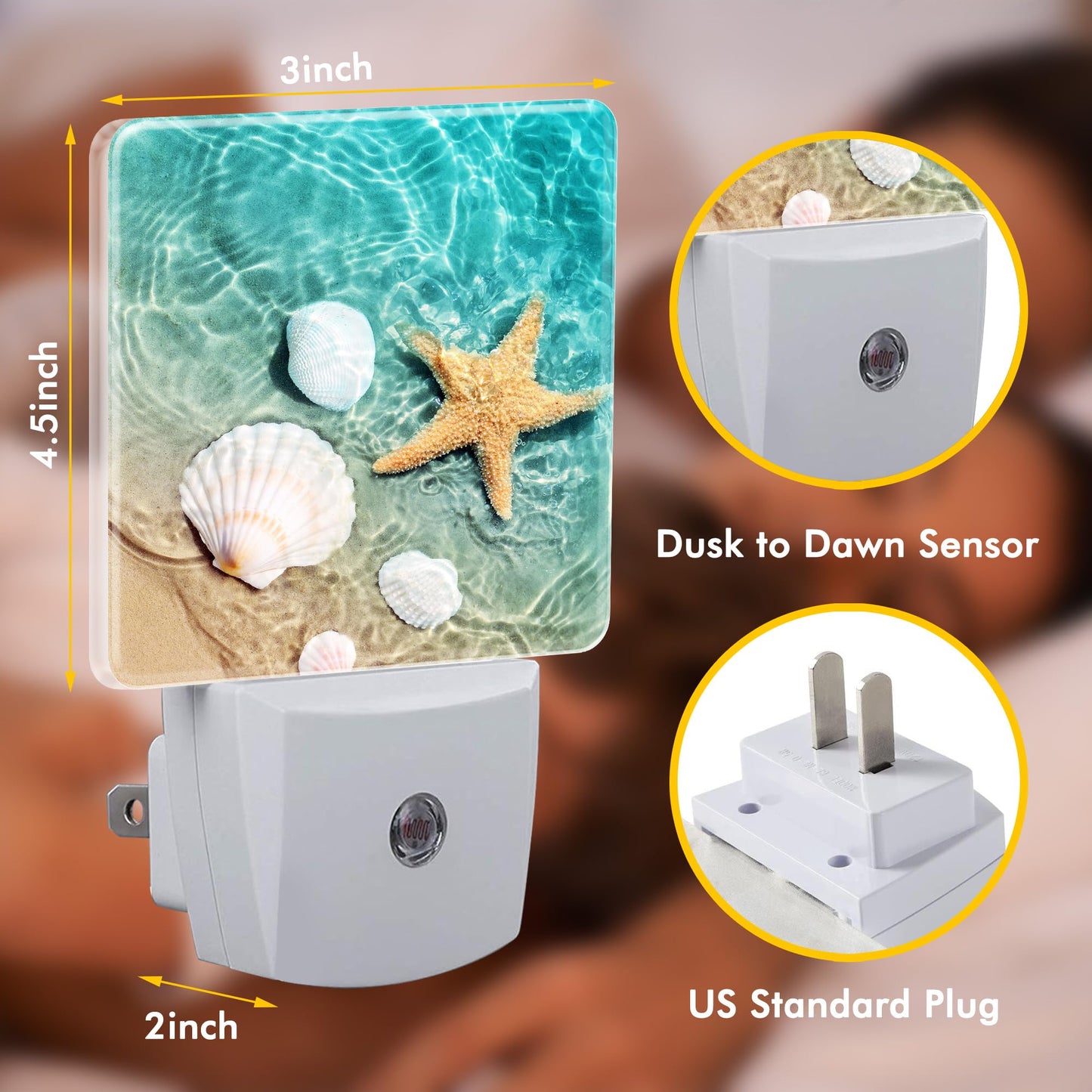 BLYKVGHQ Starfish and Seashell On Beach Night Light,Modern Night Lights Plug into Wall,Dusk to Dawn Sensor Nightlight for Kids Bathroom Kitchen Hallway Bedroom Decor
