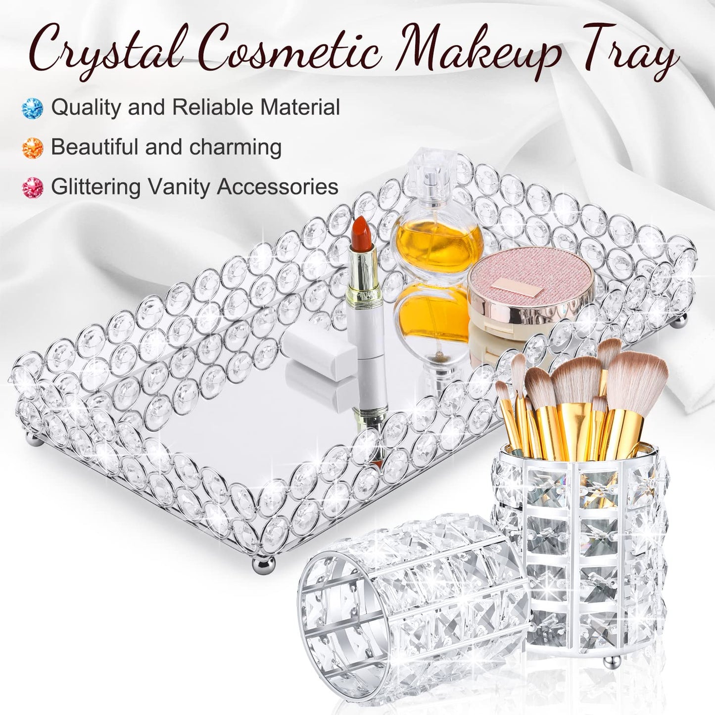 3 Pieces Perfume Tray Crystal Vanity Tray Mirrored Crystal Cosmetic Makeup Tray Set Makeup Brush Holder Bathroom Decorative Organizer Brush Cup Holder Vanity Accessories for Dresser, Silver (Square)