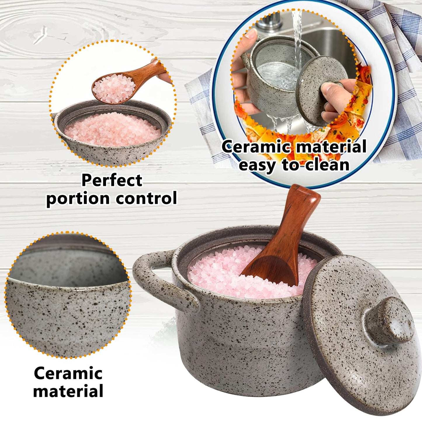 2 Set Speckled Ceramic Salt Cellar with Lid and Wooden Spoon, Vintage-Inspired Kitchen Storage, Farmhouse Salt Pepper Cellar Holder, Thoughtful Housewarming Gift for Sea Salt, Granulated Sugar