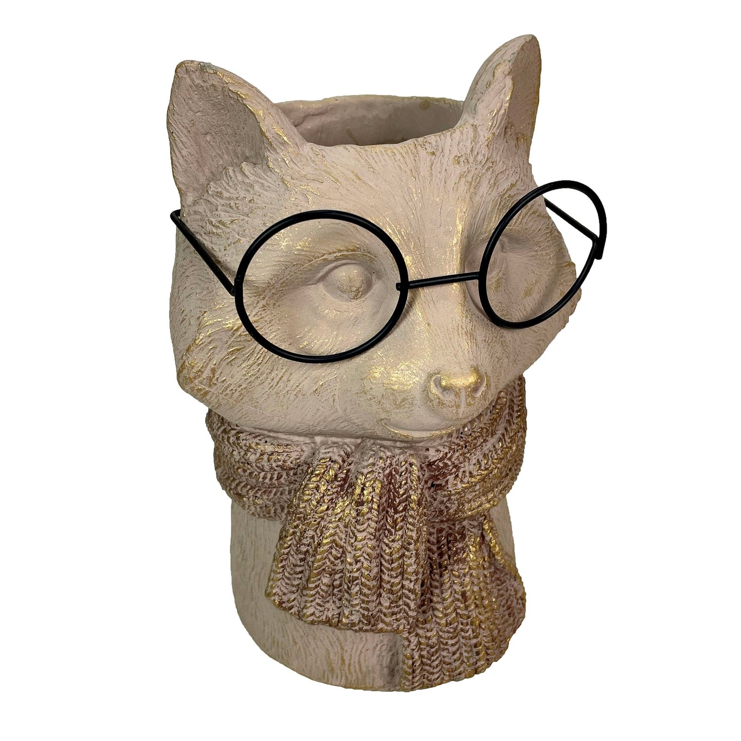 Bespectacled Fox Cement Vase 8.25 Inch – Gold Accents, Knit Textured Scarf, Real Wire Glasses, Whimsical Animal Decor, Distressed Taupe Planter for Indoor Plants, Unique Gift for Home or Office
