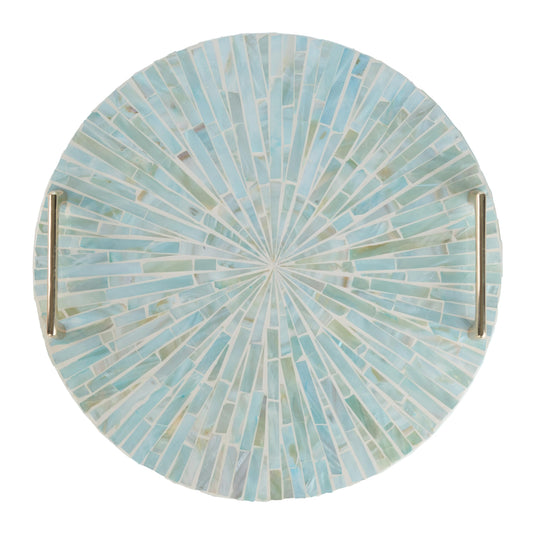 PEMAR Mother of Pearl Decorative Tray, 13"" Round with Gold Metal Handles, Vanity/Perfume/Trinket Tray, Catchall for Dresser, Bathroom, Vanity Table (Teal Sunlight)
