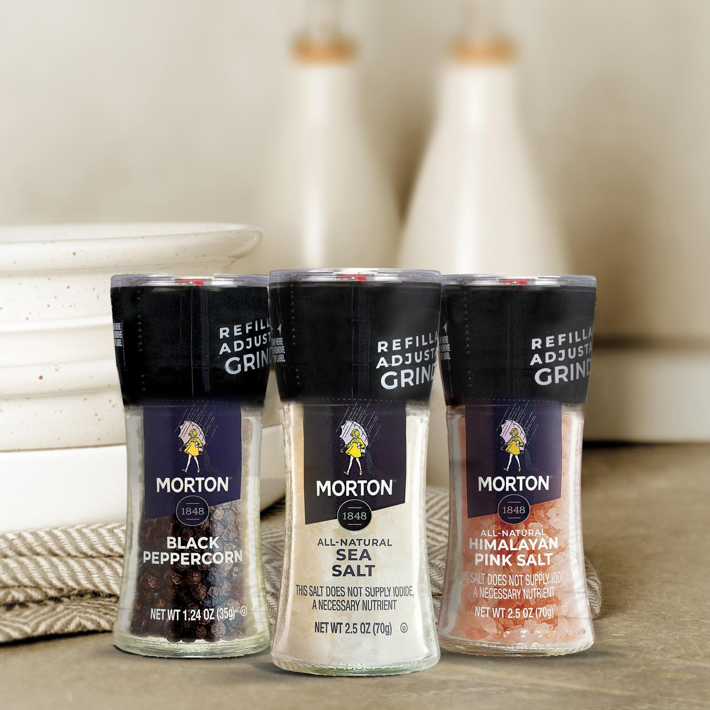 Morton Grinder Set - Himalayan Pink Salt (2.5 oz), Sea Salt (2.5 oz) & Black Peppercorn (1.2 oz), 3-Pack, Adjustable & Refillable Grinders, Perfect for Cooking, Seasoning, and Finishing
