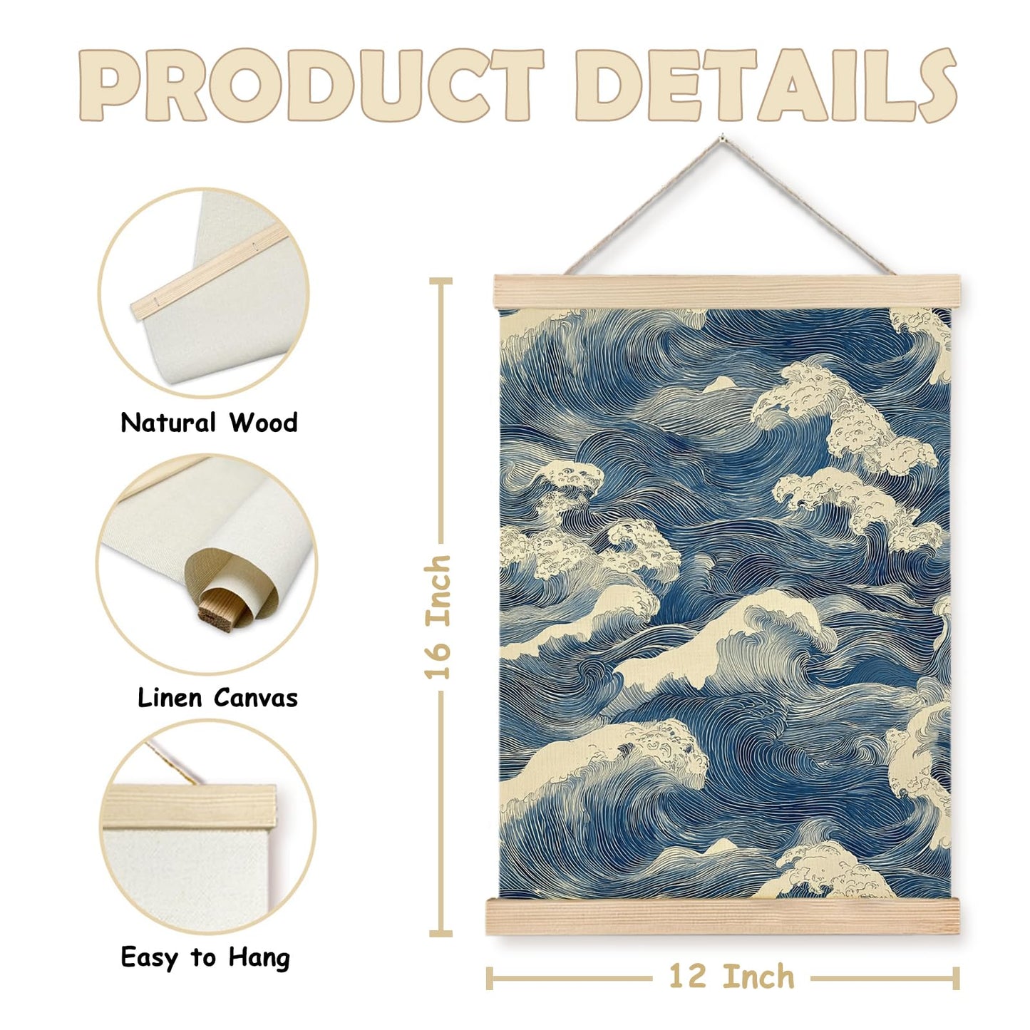 Nipil Blue and White Wave Japandi Poster Hanger Frame, Japanese Room Decor, Abstract Japanese Wabi Sabi Ocean Waves Coastal Beach Hanging Canvas Framed Wall Art Decor for Home, 12x16 Inch
