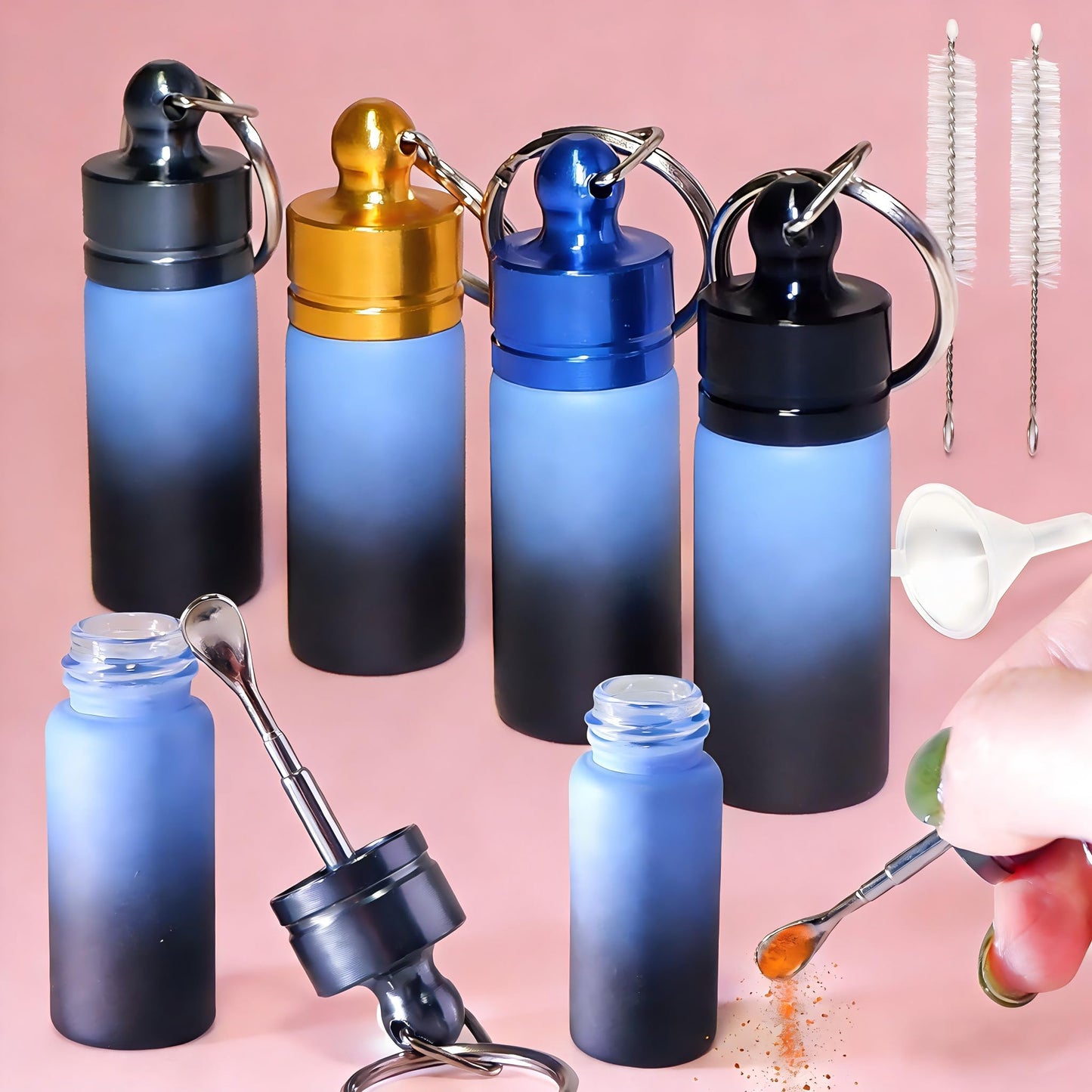 Sjxsimwoo 4-Pack Portable Aluminum Alloy Spice Container with Keychain and Spoon, Perfect for Outdoor Picnics and Travel - Blue-black gradient