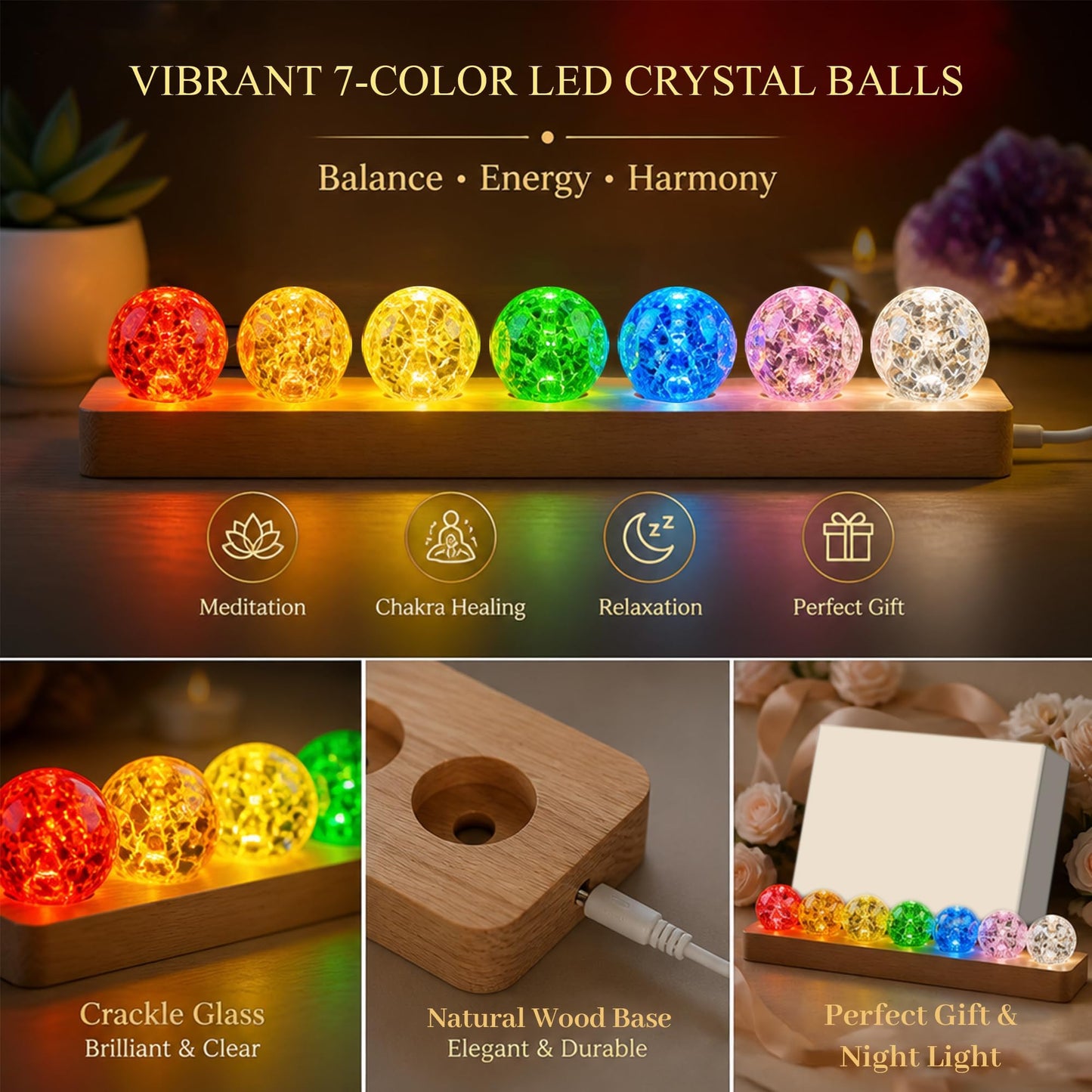 YU FENG 7 Chakra Crystal Ball Set with LED Wooden Stand, 40mm Rainbow Ice Crack Healing Spheres, Crystal Quartz Stones for Meditation, Positive Energy, Night Light and Home Decor