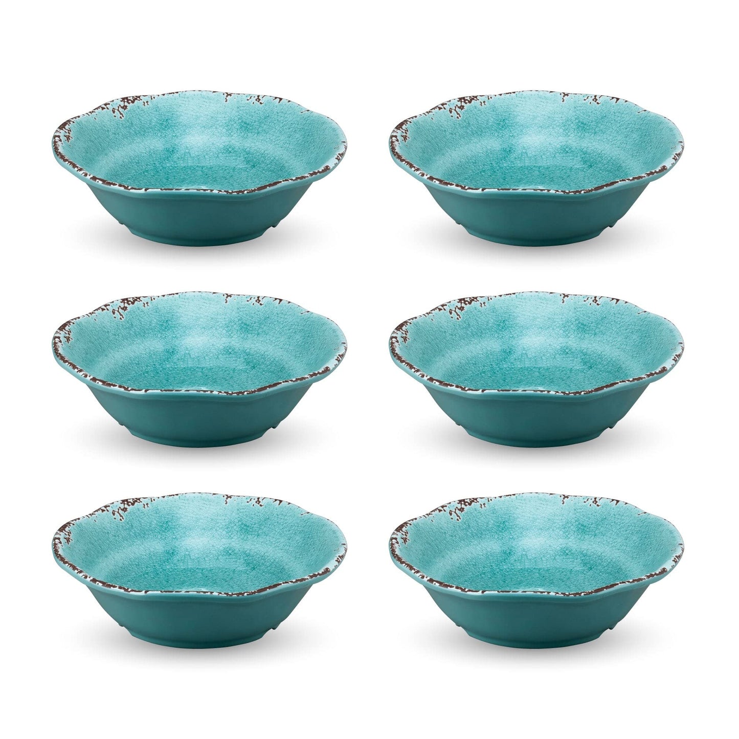 UPware Crackle Melamine Bowl Set, Flower Shaped Bowls for Pasta, Rice, Soup, and Salad, BPA-Free, Dishwasher Safe, Shatter-Proof, Blue, 7 Inch, Set of 6
