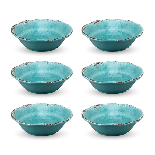 UPware Crackle Melamine Bowl Set, Flower Shaped Bowls for Pasta, Rice, Soup, and Salad, BPA-Free, Dishwasher Safe, Shatter-Proof, Blue, 7 Inch, Set of 6