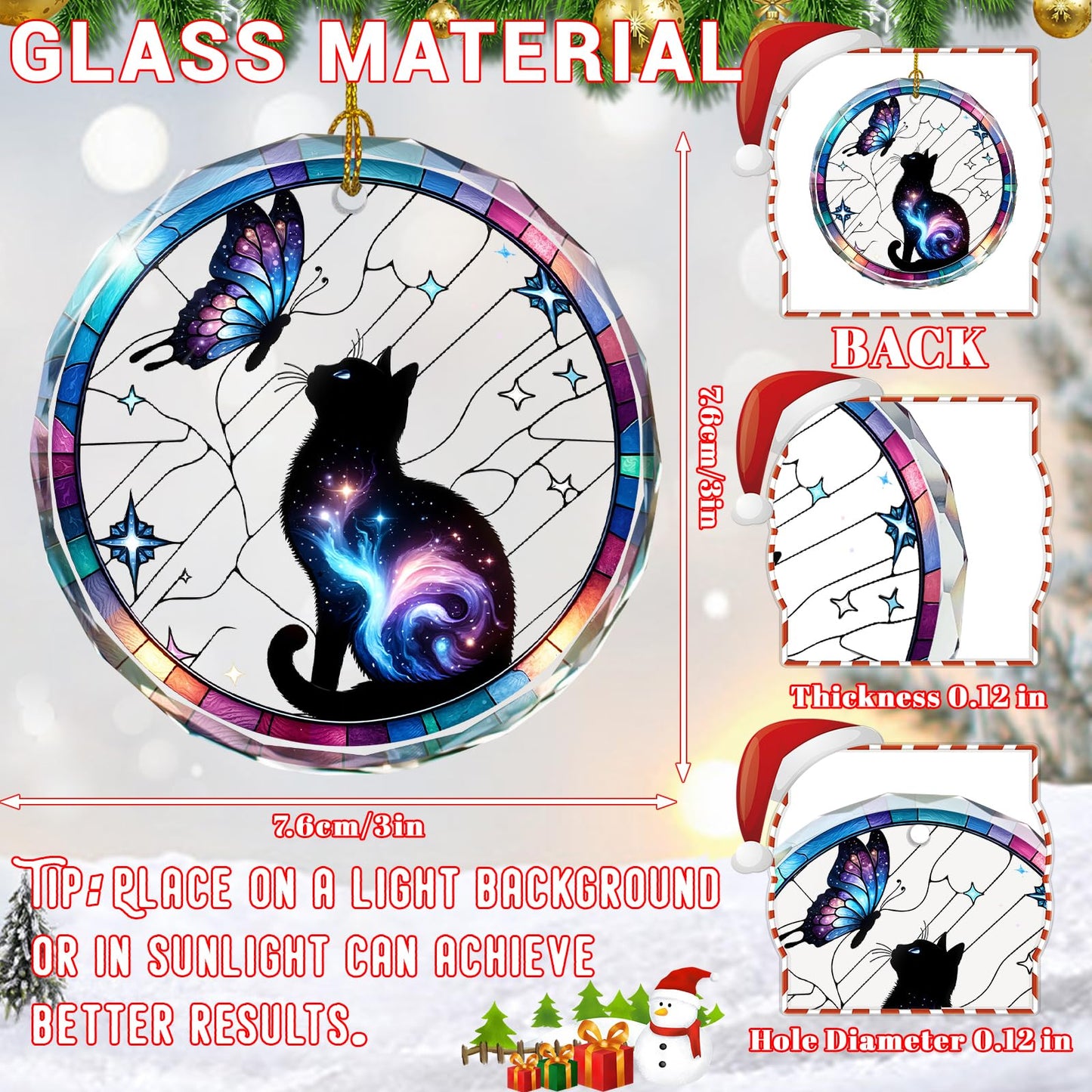 Stained Glass Black Cat Ornament, Cat Christmas Decoration for Tree, Holiday Presents and Xmas Gift