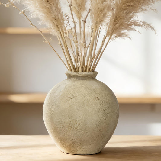 TDIAVH 7.87 Inch Beige Ceramic Rustic Vase, Handmade Farmhouse Flower Vases for Living Room & Home Decor, Vintage Pottery Vase for Table Centerpieces, Ceramic Vases for Shelf & Kitchen Decoration