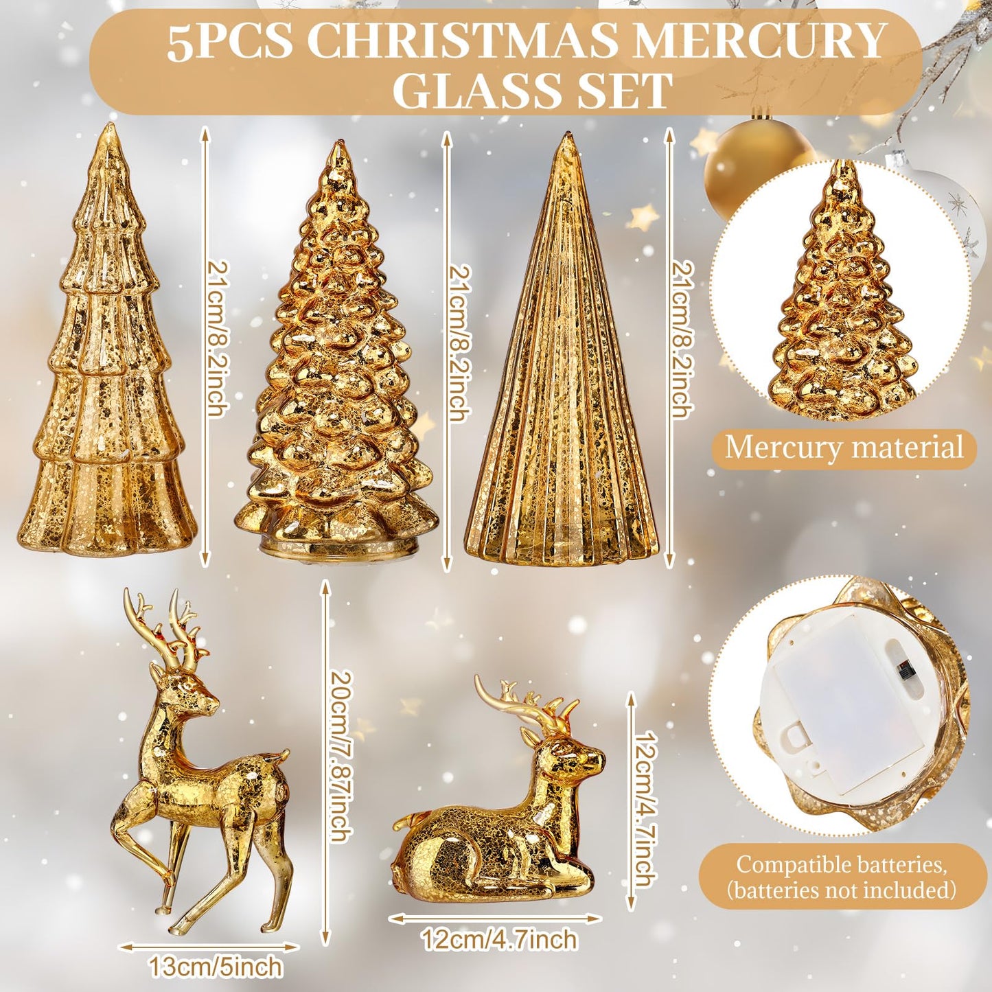 Flutesan 5 Pcs Lighted Mercury Glass Christmas Trees and Reindeer for Tabletop LED Christmas Tree Table Centerpiece Decoration for Home Xmas Party Mantel
