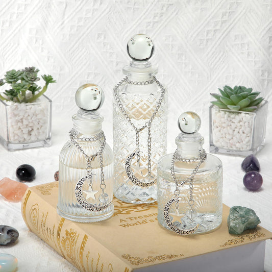 Potchen 3 Pcs Moon Energy Glass Bottle with 3 Lunar Star Spiritual Moonlight Water Jar Chain Charging Container with Lid for Infusing Intentions Crystal Cleansing Meditation Witchcraft Home(Clear)