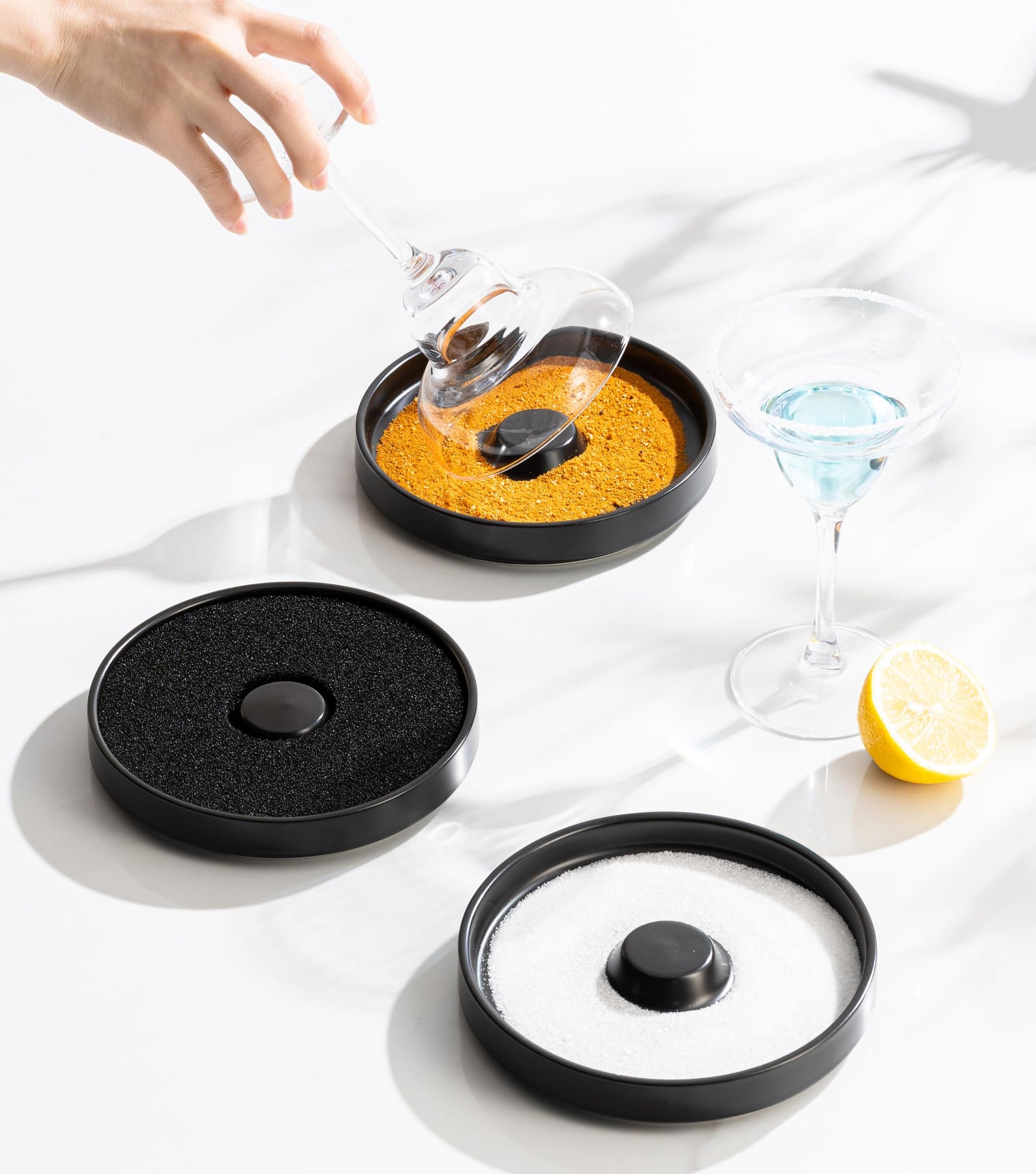 Margarita Salt Rimmer Set, Premium Ceramic Cocktail Glass Rimmer with 3 Bowls & Absorbent Pads, Matte Black Bar Rimmer for Salt, Sugar & Lime Juice, Home Bar & Party Essentials
