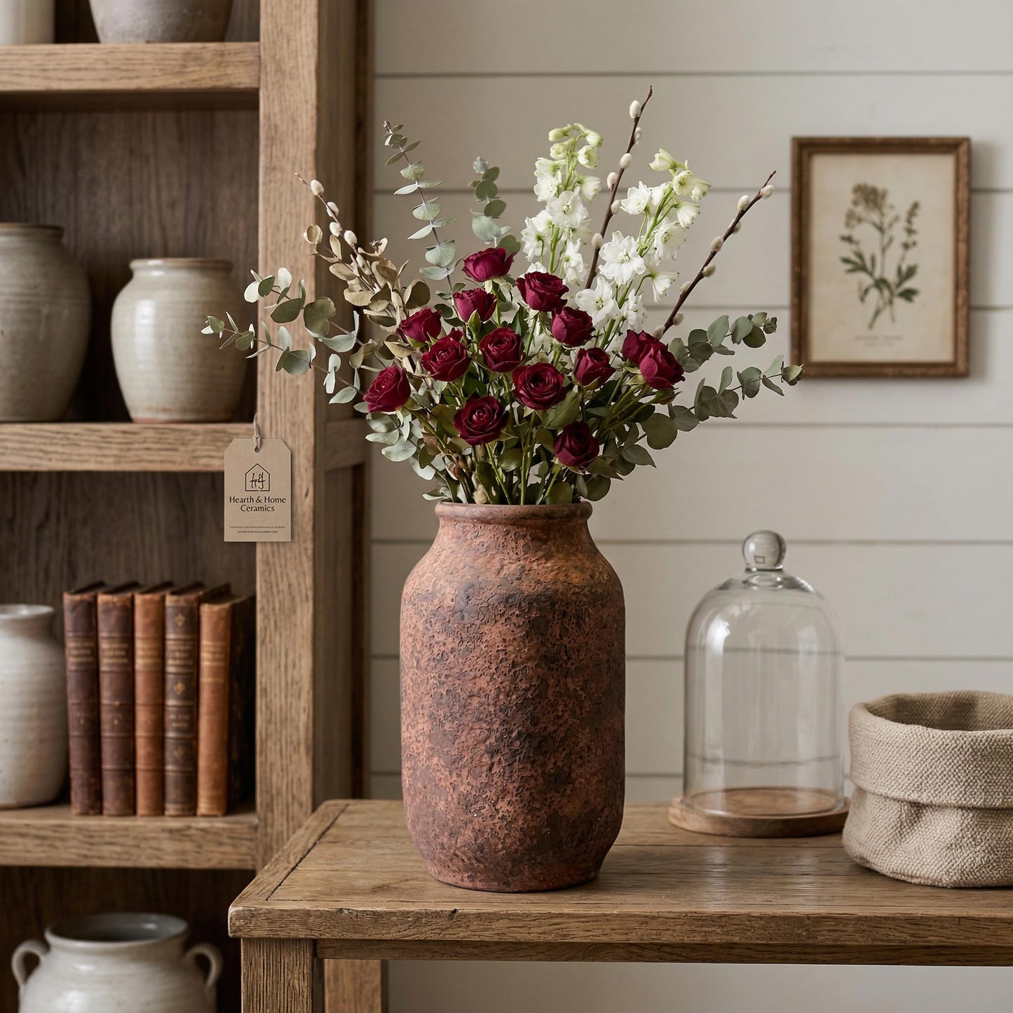 Wancetang Terracotta Farmhouse Vase, 9 Inch Rustic Ceramic Flower Vases for Home Decor, Pottery Decorative Vase for Living Room Shelf Mantle Entryway Fireplace Bathroom Centerpiece Brown