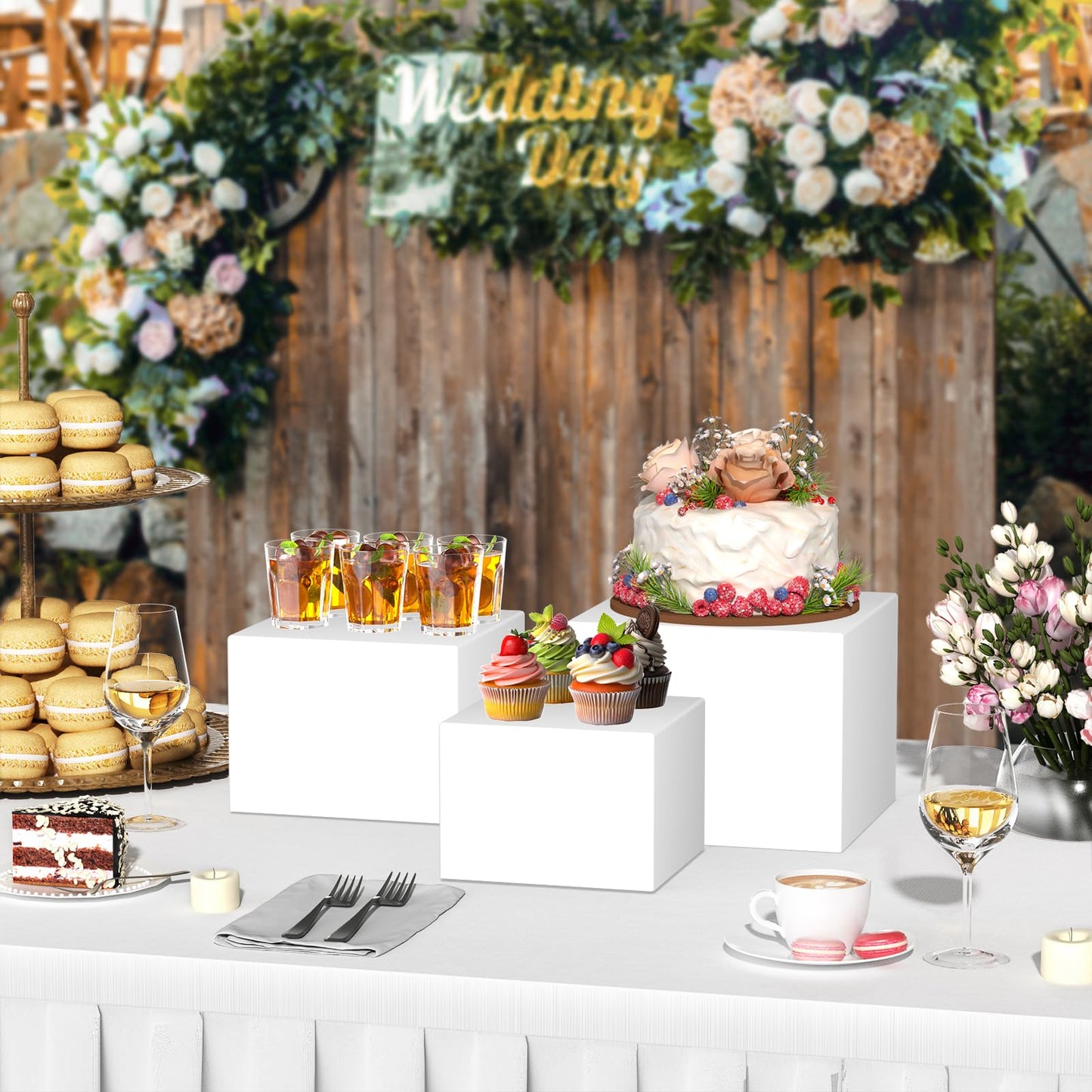 KOLIPI 3Pcs Buffet Risers, Food Risers for Buffet Table, Acrylic Boxes for Display Cube Riser Display Stand for Party Catering Dessert Collectibles, White Set (Size 8", 7", 6")