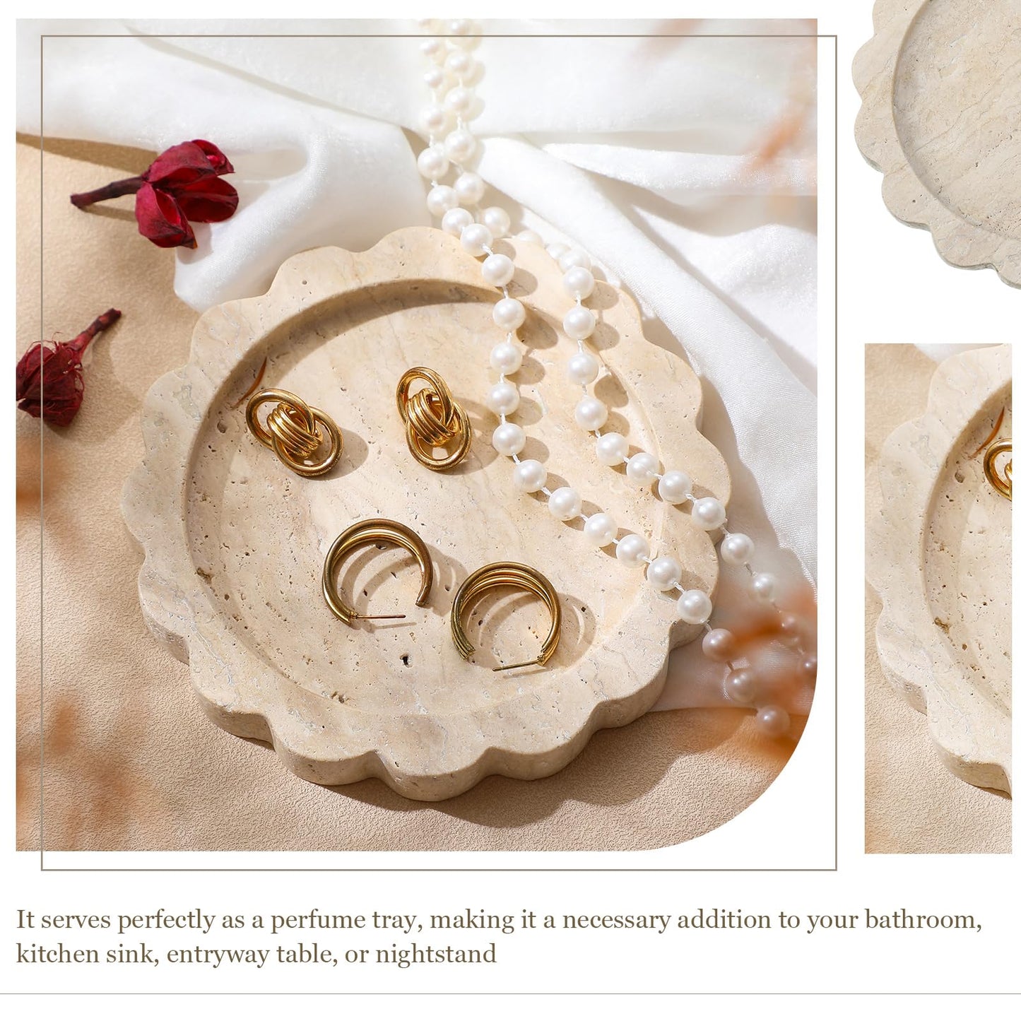 Threehoney 5.5 Inch Small Travertine Stone Tray Marble Jewelry Dish Trinket Tray for Women, Perfume, Coffee Table(Round,Scallop)