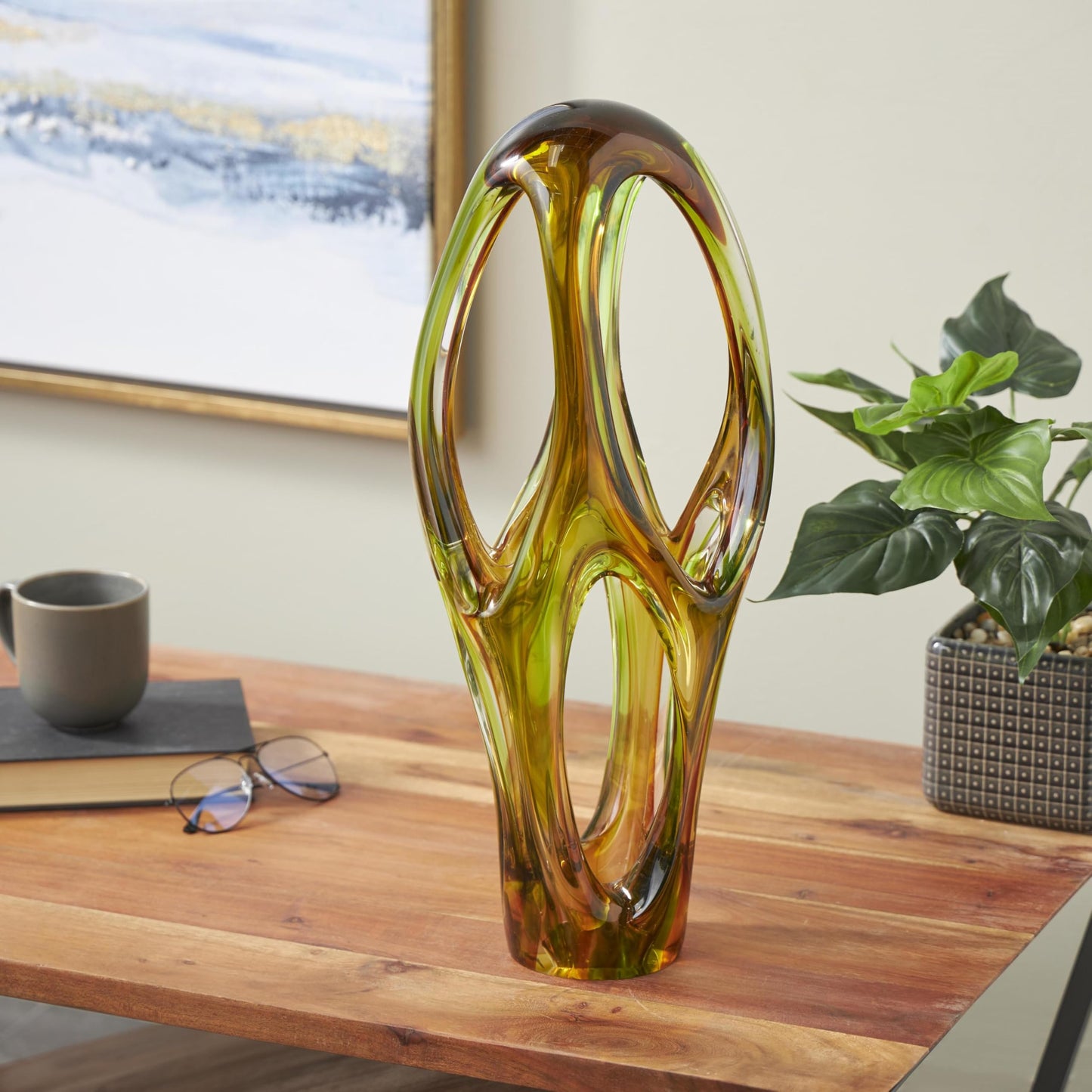 Deco 79 Glass Abstract Decorative Sculpture Ombre Cutout Home Decor Statue with Green Accents, Accent Figurine 6" x 9" x 21", Orange