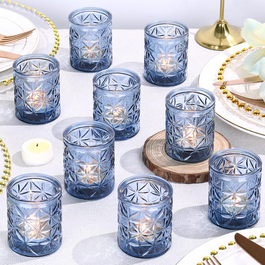 12 Pack Blue Votive Candle Holders, Vintage Blue Candle Holders, Tealight Candle Holder for Wedding Table Centerpieces, Bridal Shower, Home Decor, Birthday, Party Table Decor