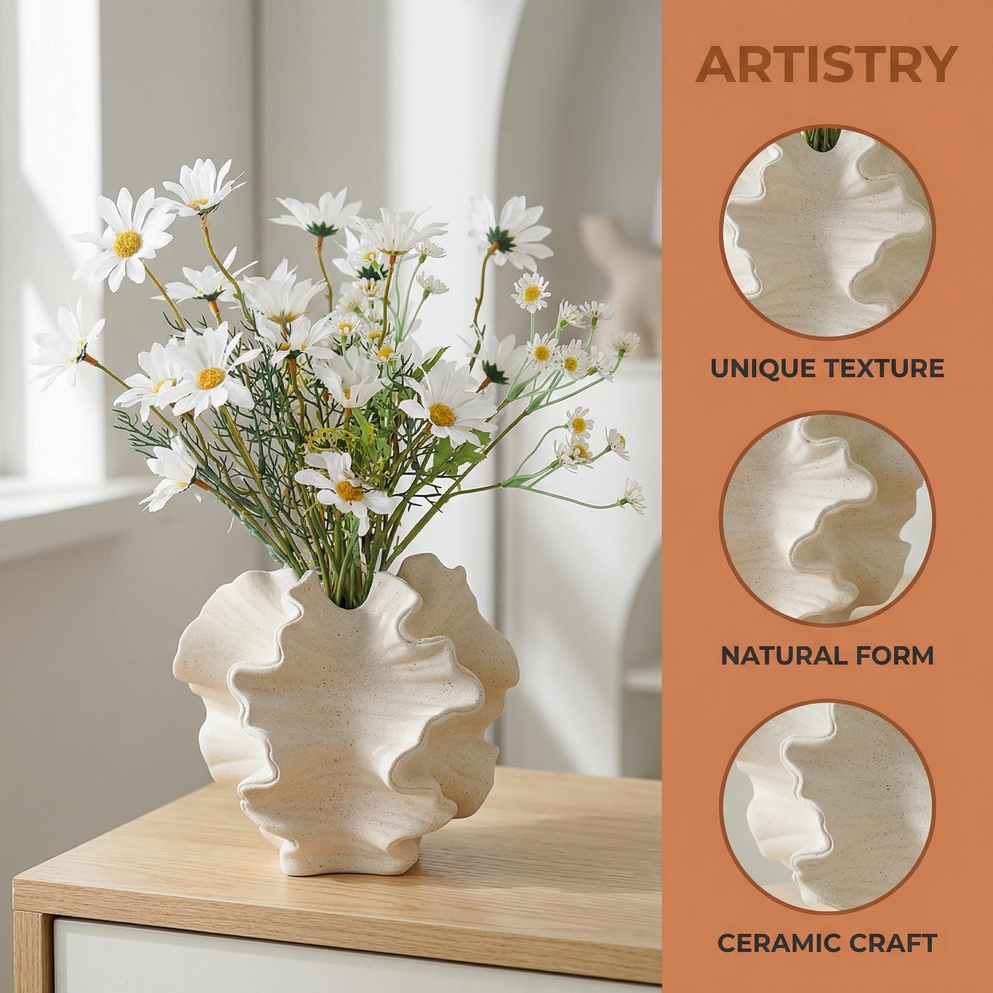 Aklimida Cream Ceramic Vase, Modern Boho Coastal Decor, Coral Design Decorative Vase for Pampas Grass Dried Flowers, Living Room Coffee Table Centerpiece Home Decor