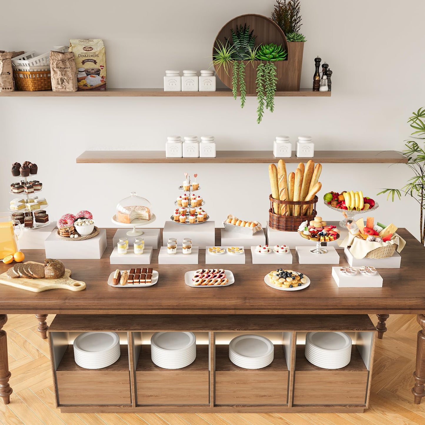 Laumffon Oversized Buffet Risers, Food Display Stand for Catering Dessert Collectibles Jewelry Figures Show, White Acrylic Cuboid Display Nesting Risers with Hollow Bottoms, Cuboid, 6 Pcs, 10x12x14