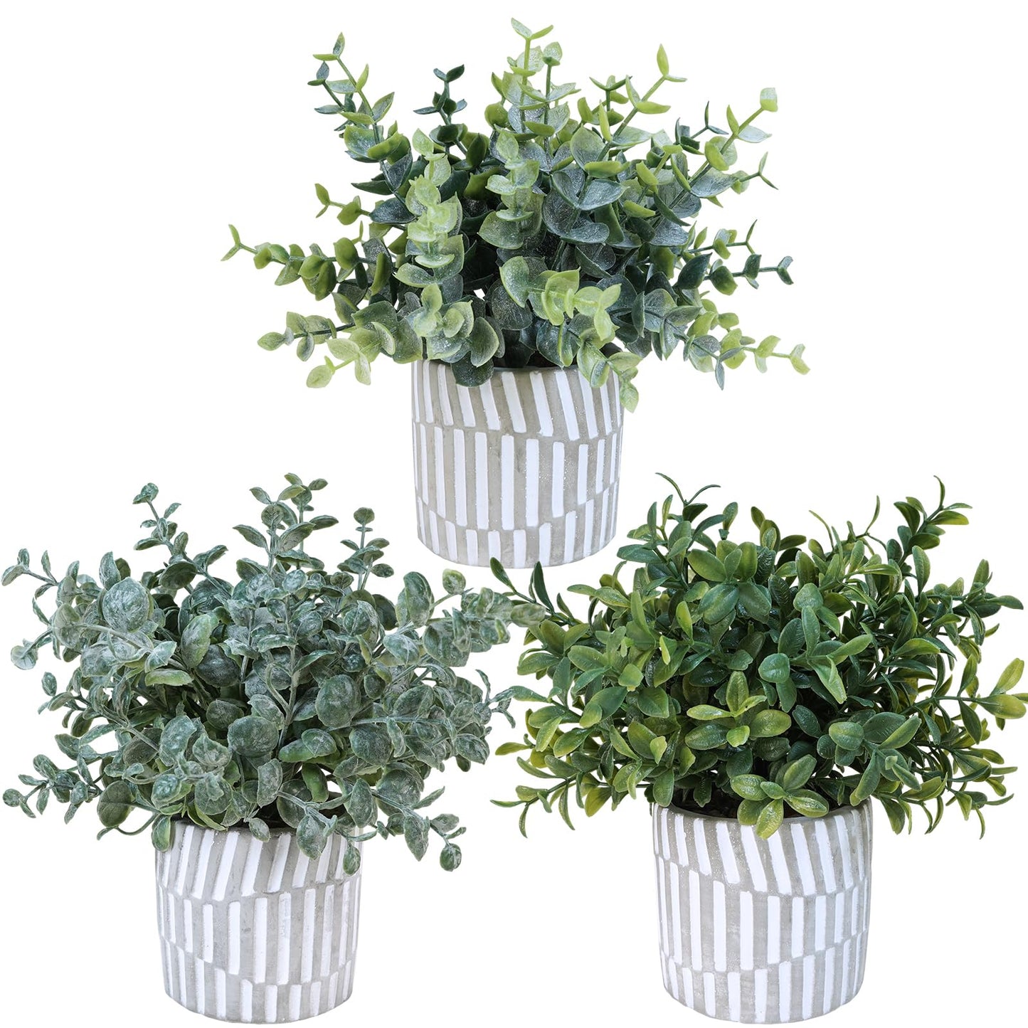 Winlyn 3 Pcs Artificial Eucalyptus Boxwood Plants in Grey Textured Cylinder Concrete Planter Pots Small Potted Plants Faux Greenery Decorations for Modern Farmhouse Home Office Bookshelf Tabletop