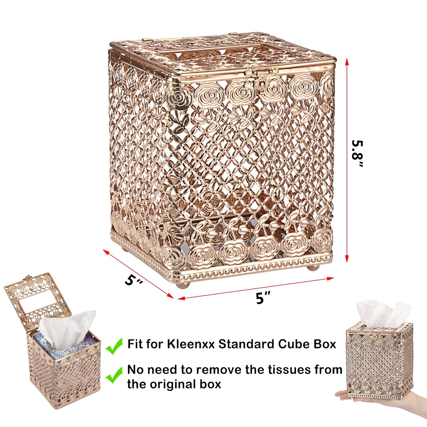 Sumnacon Tissue Box Cover Square, Metal Tissue Holder with Lid, Stylish Cube Tissue Covers, Decorative Rose Tissue Box Organizer for Bathroom Kitchen Table Desk Toilet Home Office, Gold