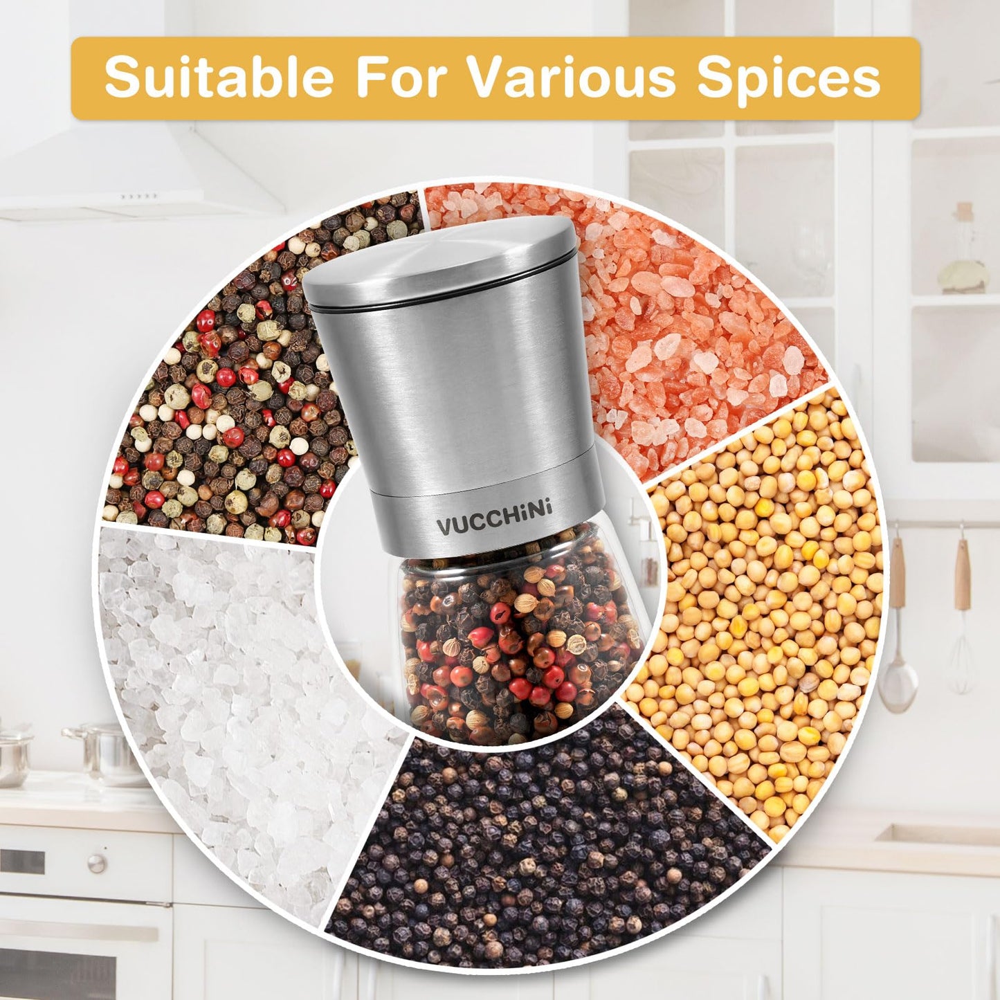 VUCCHINI Salt and Pepper Grinder Set - Adjustable Stainless Steel Spice Ceramic Grinders Mill Shaker for Kitchen Table - Stainless Steel color
