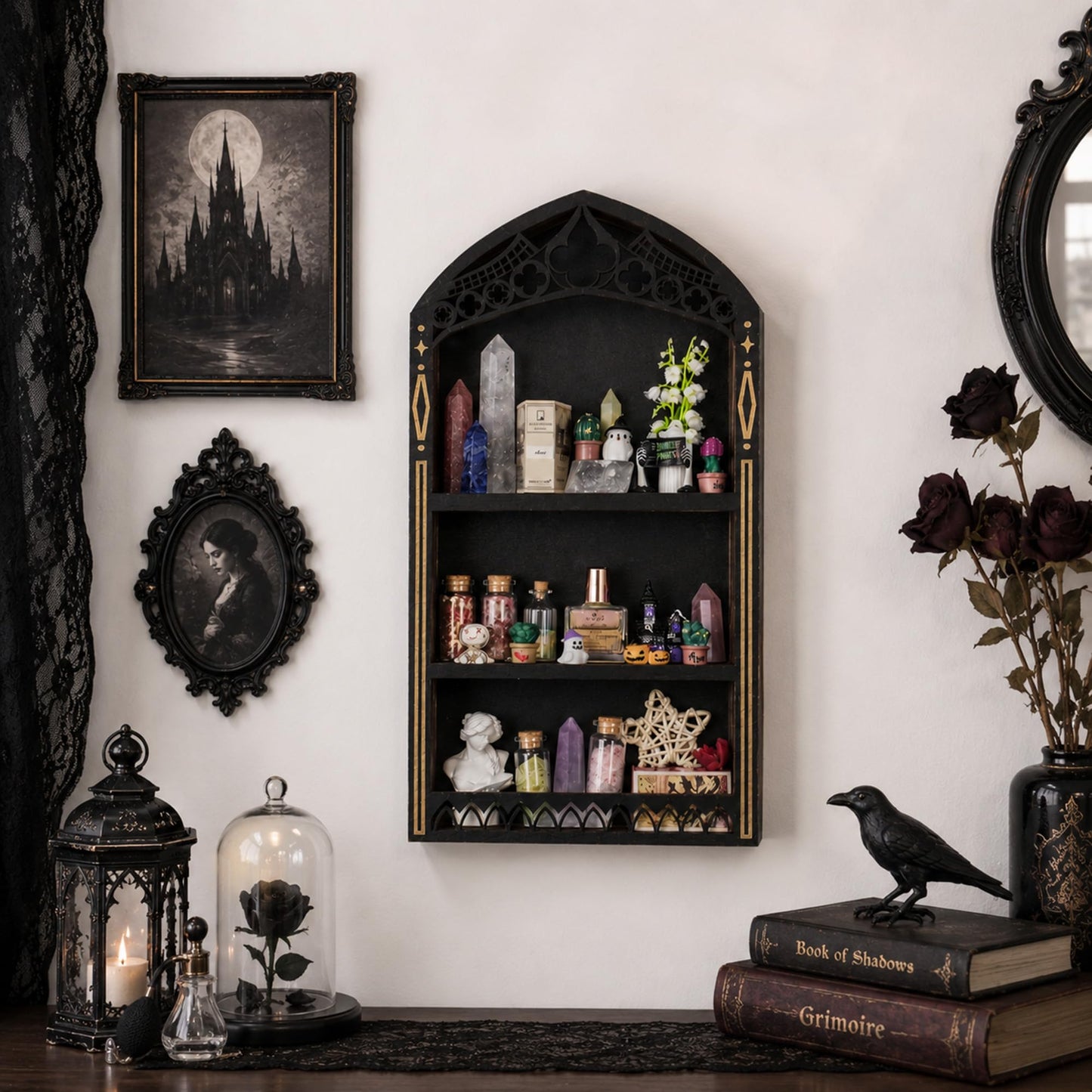 Gothic Crystal Shelf Display for Wall, Wooden Trinket Shelf Rock Gem Healing Stone Display Shelf Wall Mounted, Crystal Holder Trinket Organizer Knick Knack Shelf, Gothic Witchy Decor Gifts for Women
