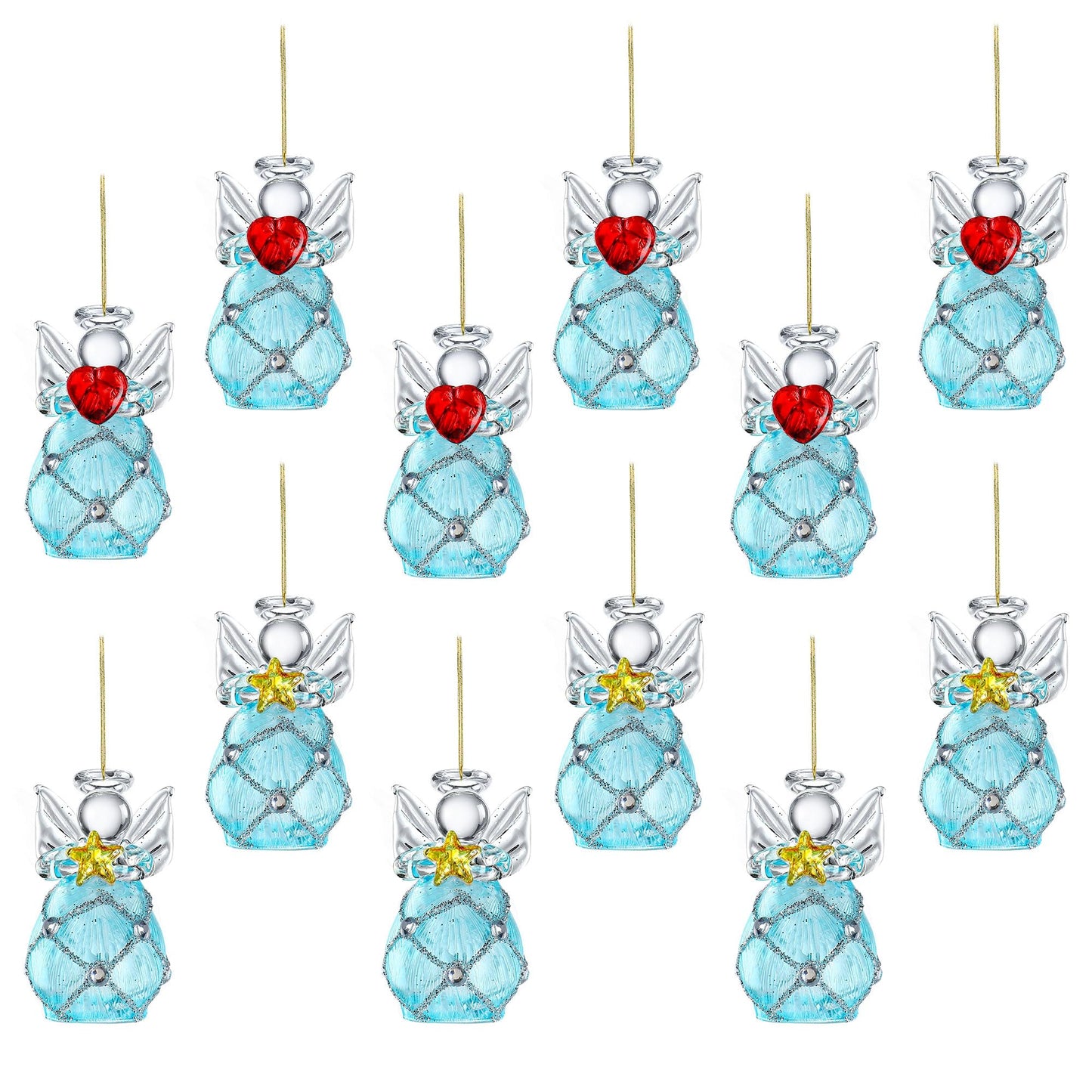 Mini Glass Angel Christmas Ornaments for Tree, Set of 12 1.6" Small Crystal Guardian Angel Ornament Bulk for Christmas Tree, 2025 Hand Blown Spun Glass Home Decor Xmas Gift (Blue)