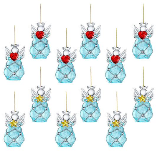 Mini Glass Angel Christmas Ornaments for Tree, Set of 12 1.6" Small Crystal Guardian Angel Ornament Bulk for Christmas Tree, 2025 Hand Blown Spun Glass Home Decor Xmas Gift (Blue)