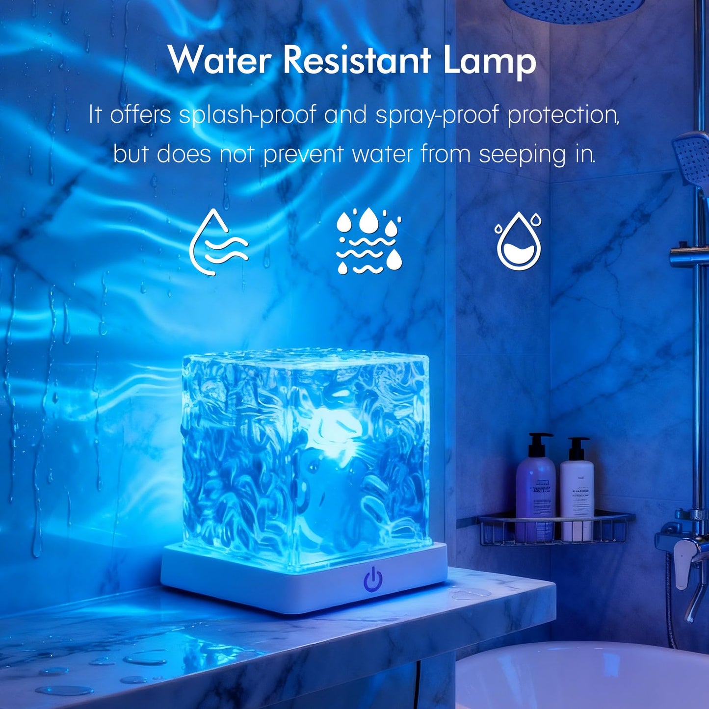 rerekiki Waterproof Shower Light for Inside Bathroom, Rechargeable Cube Shape Kids Shower Lamp, RGBW 13 Color Changing Bathtub Lamp with Remote Ocean Wave Projector Mood Night Lighting