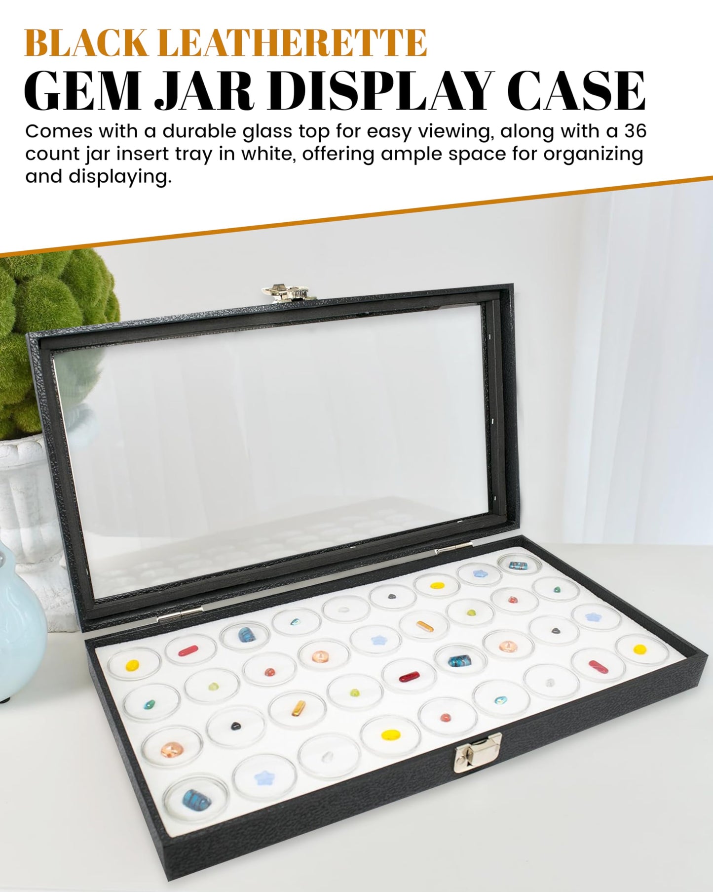 Novel Box Gem Display Case 14.75x8.25x2.1 + Medium Size 36 Gems Jars | Fossil Display Case with Lid & White Tray Foam Liner | Rock Storage Box with Metal Clasp | Display Cases for Collectibles