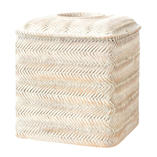Tissue Box Cover Square Resin Tissue Holder for Home Decor,Hand Carved Wicker Tissue Box Holder,5.3 x 5.3 x 5.9 inches, Farmhouse White