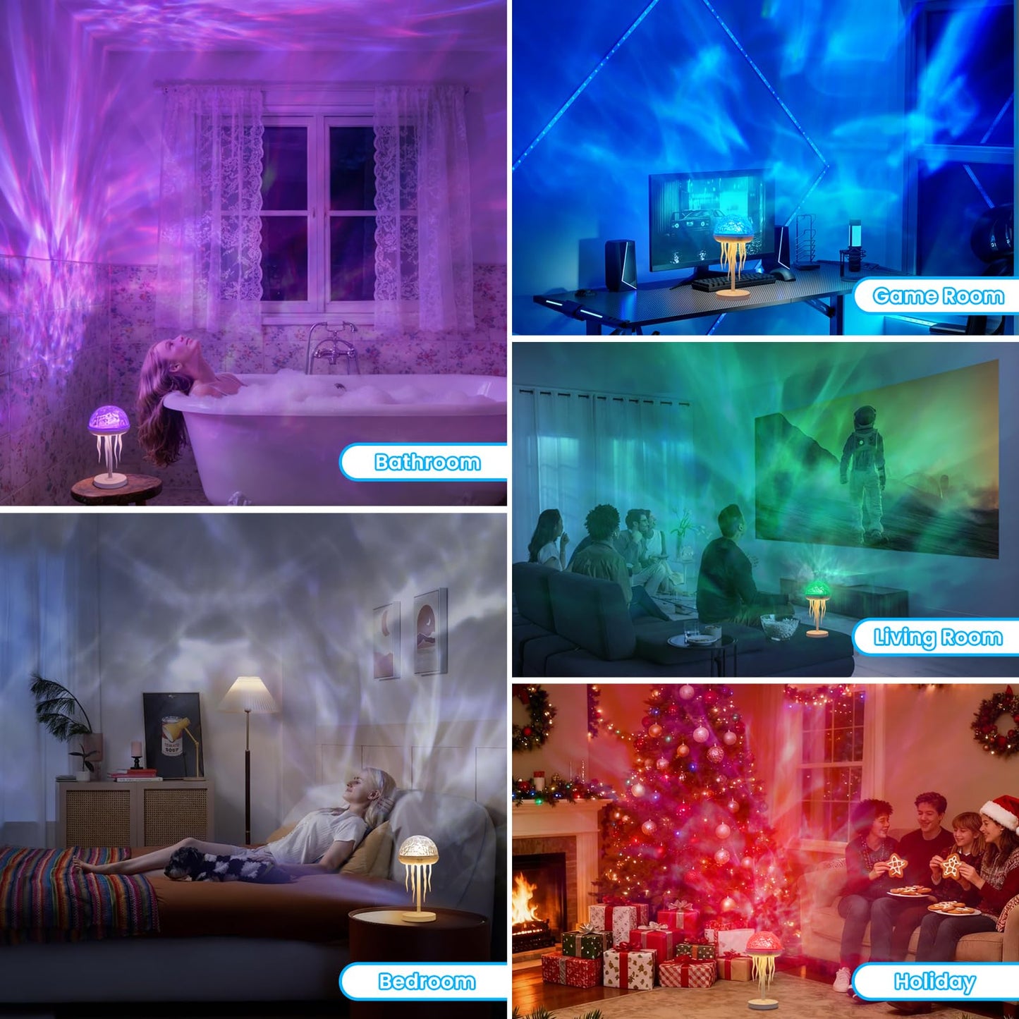 YzzYzz Jellyfish Lamp with Ocean Wave Projector Light, 2-in-1 Rechargeable Night Light with Remote, 3D Water Ripple Color Changing Lamp for Bedroom, Kids Room
