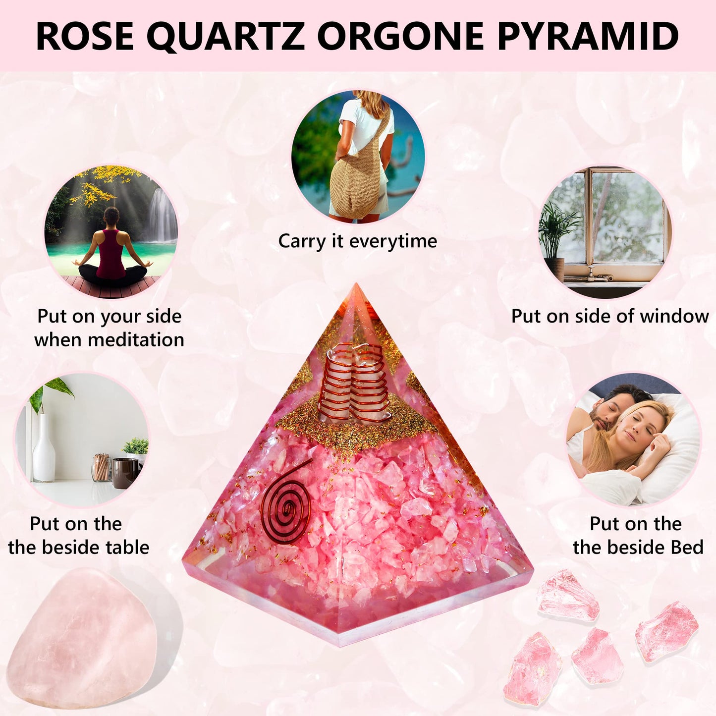 ANAYA AGATE Rose Quartz Orgone Pyramid – Handmade Orgonite Pyramid with Flower of Life – Rose Quartz Crystal Pyramid for Love, Relationship, Chakra Balance – Meditation Pyramid for Yoga, Reiki