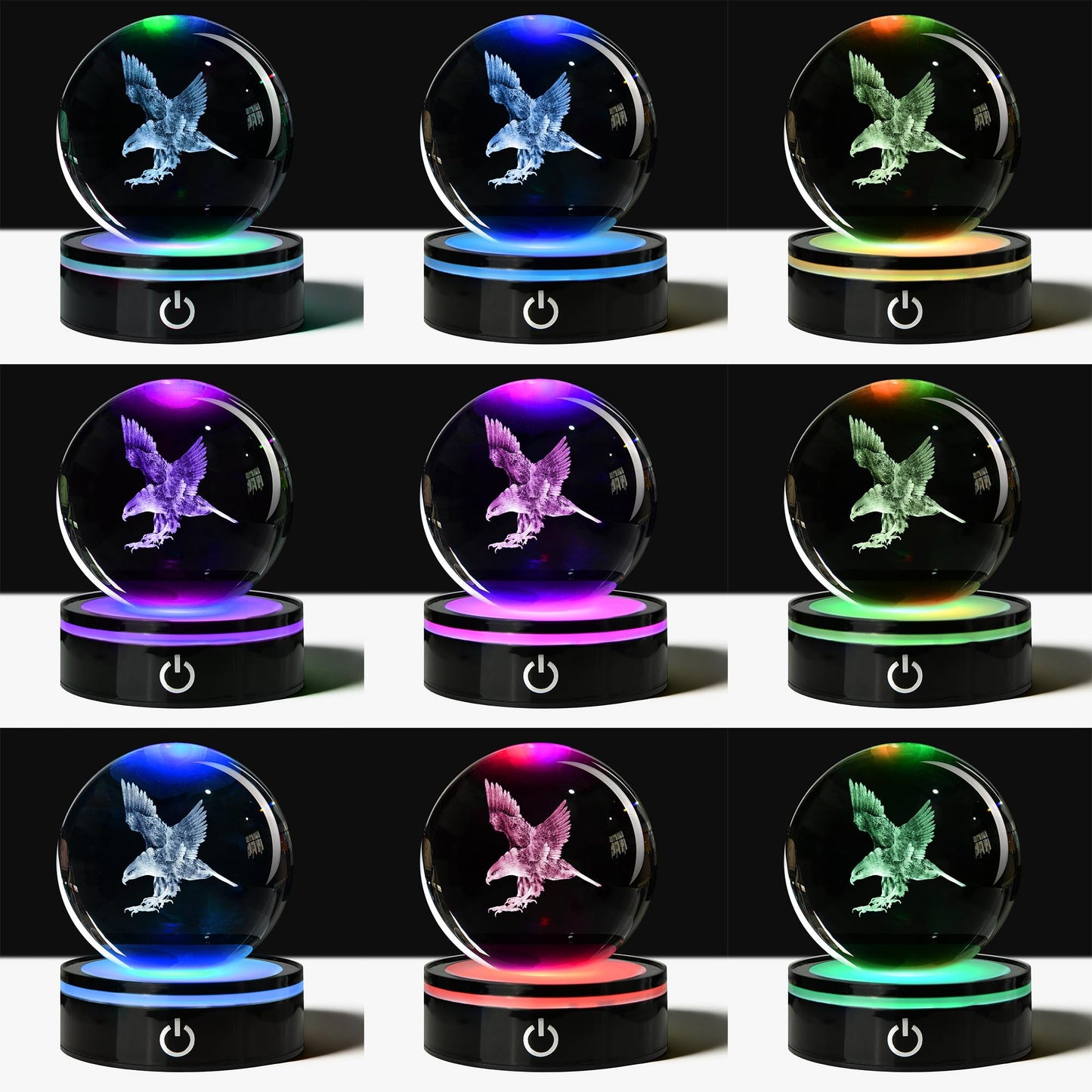 QIANCHANG 3D Eagle Crystal Ball with LED Stand, 80mm Glass Sphere Night Light Lamp, Eagle Statue Gifts for Men Women Kids
