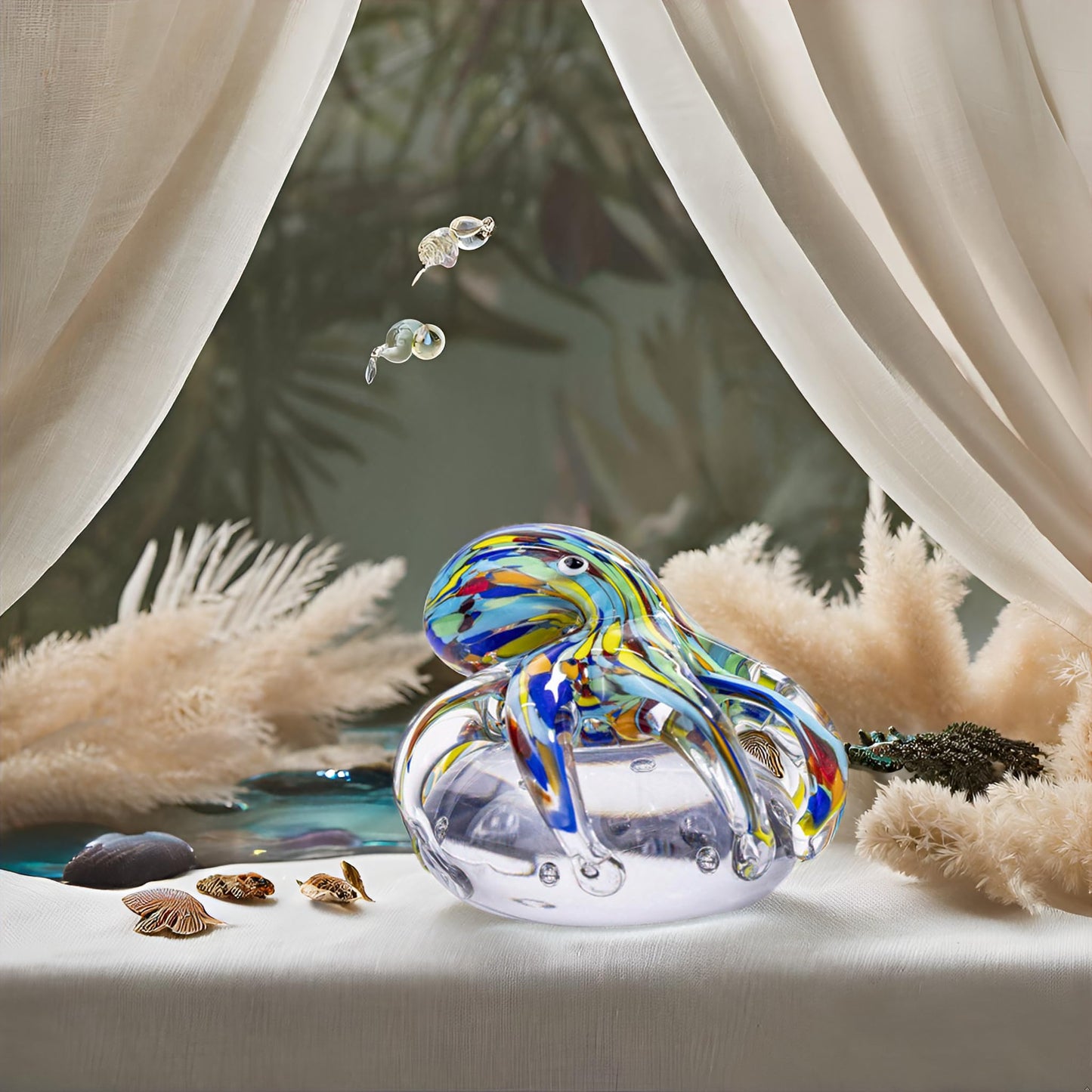 LLAVVD Hand Blown Art Glass Octopus Figurine on Crystal Ball | Handmade Sea Creature Collectible, Ocean Theme Desk Paperweight & Aquarium Decor (Turquoise)
