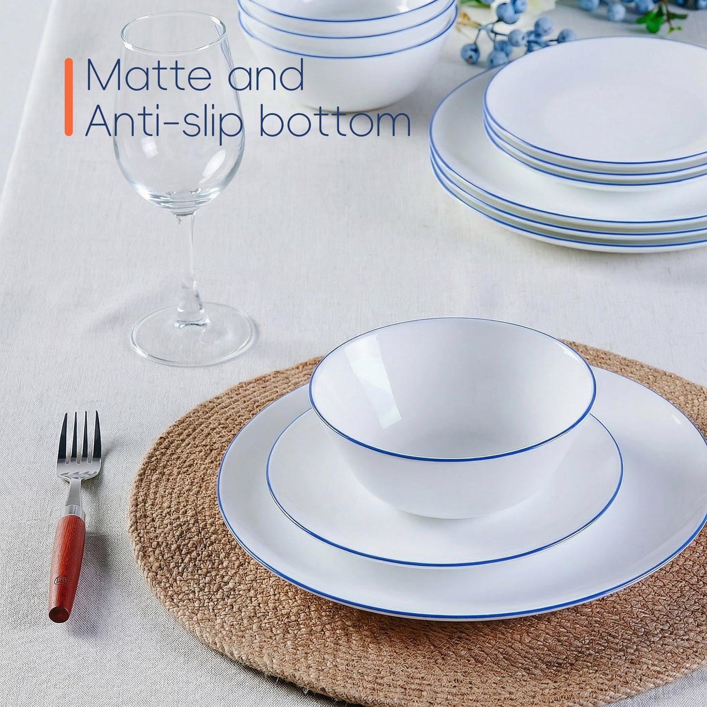 LaGlint 16OZ Opal Glass Cereal and Soup Bowl Set of 4, 6 inch Dishwasher & Microwave Safe Round Bowls for Salad and Rice, Hand Painted Navy Blue Rim