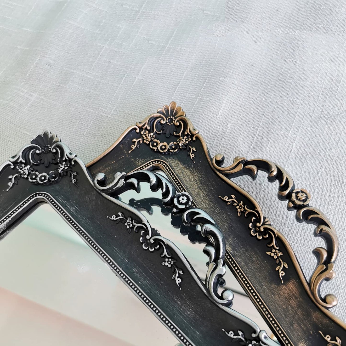 Yamfurga Rectangle Decorative Mirror Tray, French Style, Makeup Organizer, Jewelry Organizer, Serving Tray, 9.5"x 14.9", Silver Black