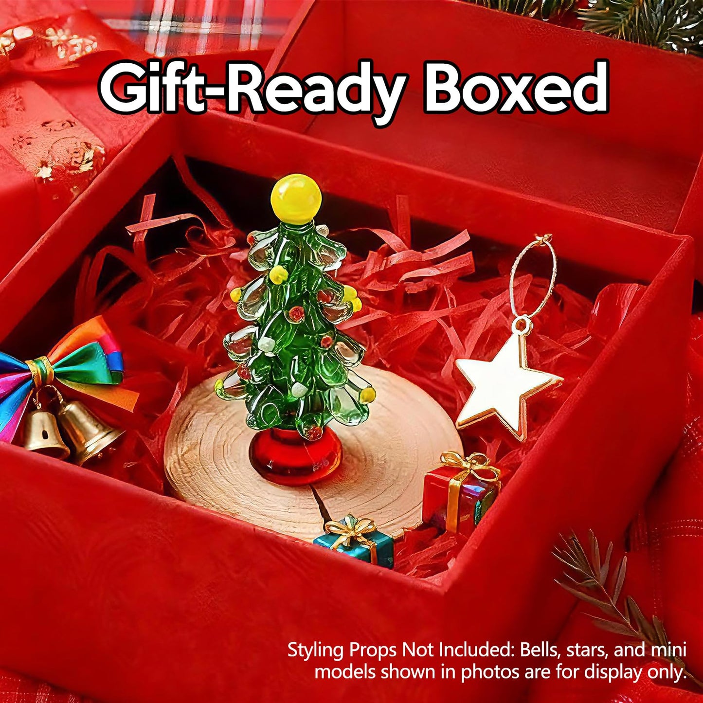 Handmade Glass Christmas Tree with Gift Box, Tabletop Blown Crystal Christmas Tree Gift for Women, Green Small Christmas Figurine Tree Decoration, Healing Stone for Office Home