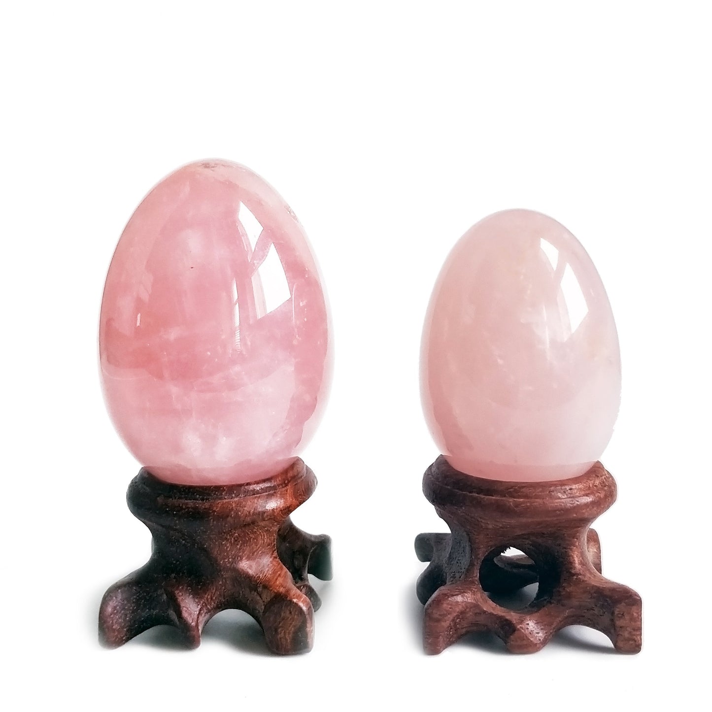 Polar Jade Set of 2 Rose Quartz Gemstone Egg Spheres with Wooden Stand for Healing Meditation Chakra Balancing and Home Decoration (L & M Sizes)