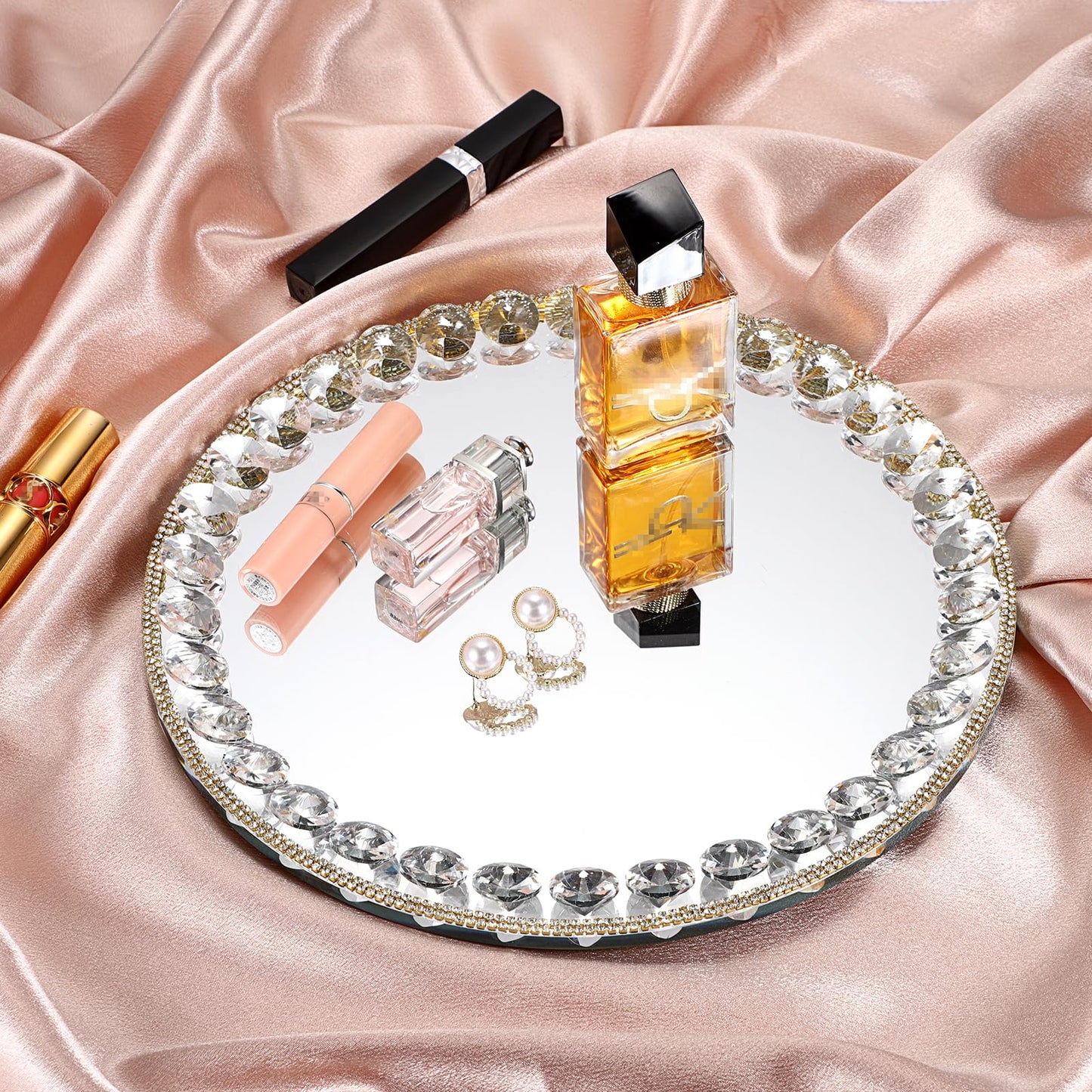 Hipiwe Mirror Glass Vanity Tray Sparkling Crystal Perfume Tray Round Decorative Tray Gorgeous Makeup Organizer Tray Jewelry Trinket Tray for Bathroom Dresser Table, 10.6 inch