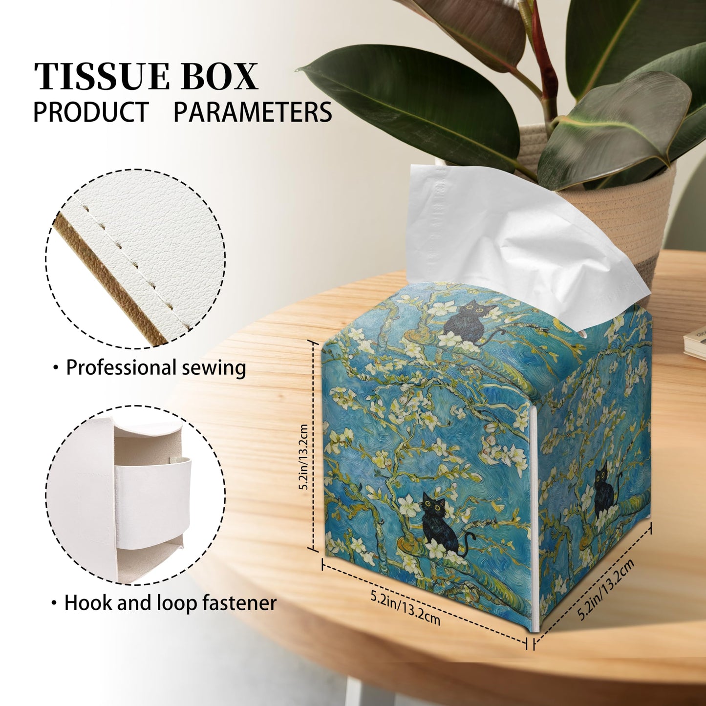 Grace Yonks Art Tissue Box Cover Square - Black Cat on Blossoming Branch Design 5.2" PU Leather Holder for Vanity, Desk, or Bathroom Counter - Cube Case for Facial Tissues. (122)