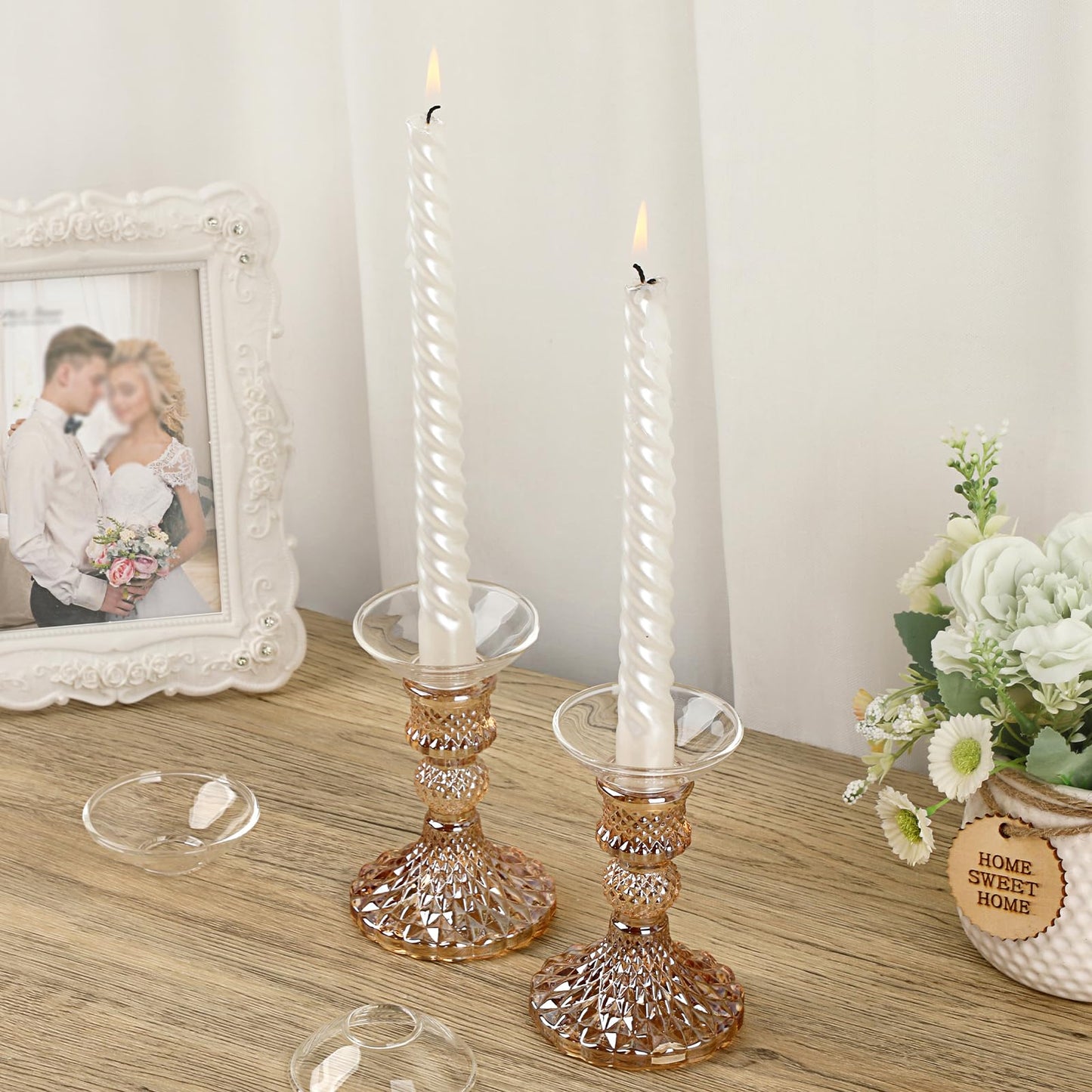 OwnMy Set of 2 Gold Glass Taper Candle Holders Decorative Glass Candlestick Holders, Modern Taper Candle Stands Candlesticks for Dining Table Centerpieces Wedding Church Decor