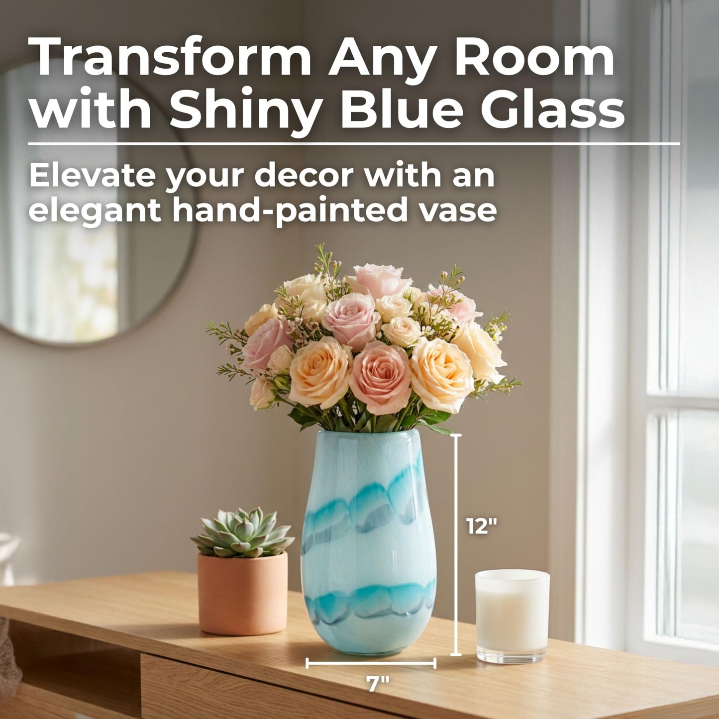 Glass Vase – Vase for Fresh or Dried Flowers, Living Room, Bedroom, or Entryway Tabletop Decor, Coastal Wave Design Home Decor Accent that Adds Calm, Collected Style – 12", Blue