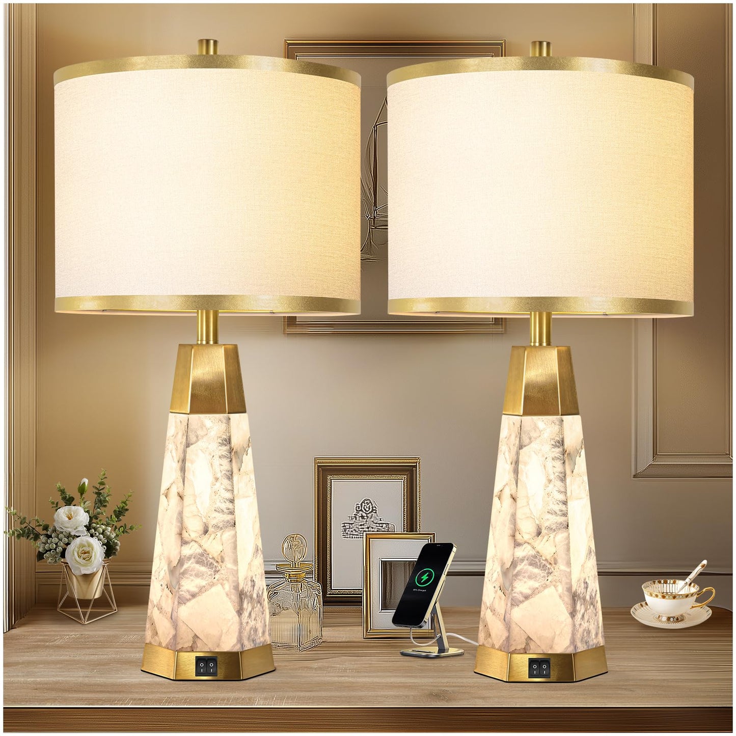KIVDITZO 27" Alabaster Table Lamps Set of 2 - Lamps for Living Room with Night Light, Bedside Lamps with White Linen Shade, Nightstand Table Lamp with USB A+C Port for Bedroom Office (Bulb Included)