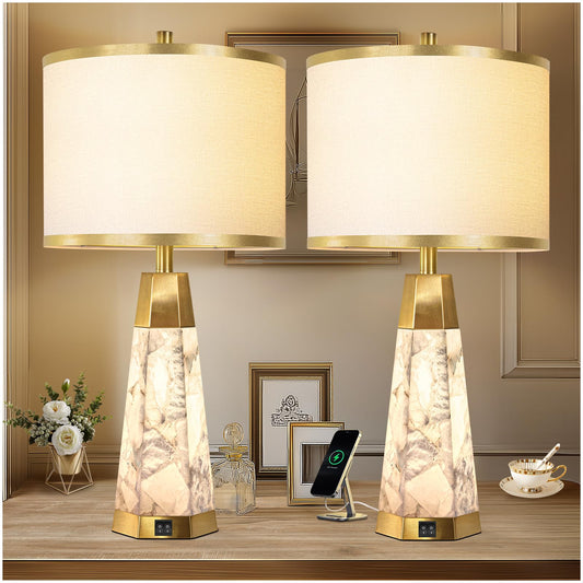 KIVDITZO 27" Alabaster Table Lamps Set of 2 - Lamps for Living Room with Night Light, Bedside Lamps with White Linen Shade, Nightstand Table Lamp with USB A+C Port for Bedroom Office (Bulb Included)
