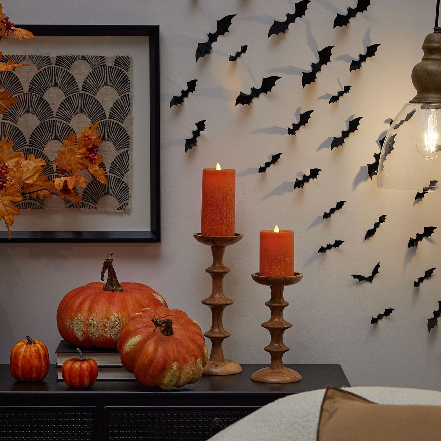 Luminara Sea Glass Flameless Candle, Harvest Pumpkin 3" x 4.5", Moving LED Flame Pillar with Timer, Battery Operated, Real Wax, Unscented Home Décor