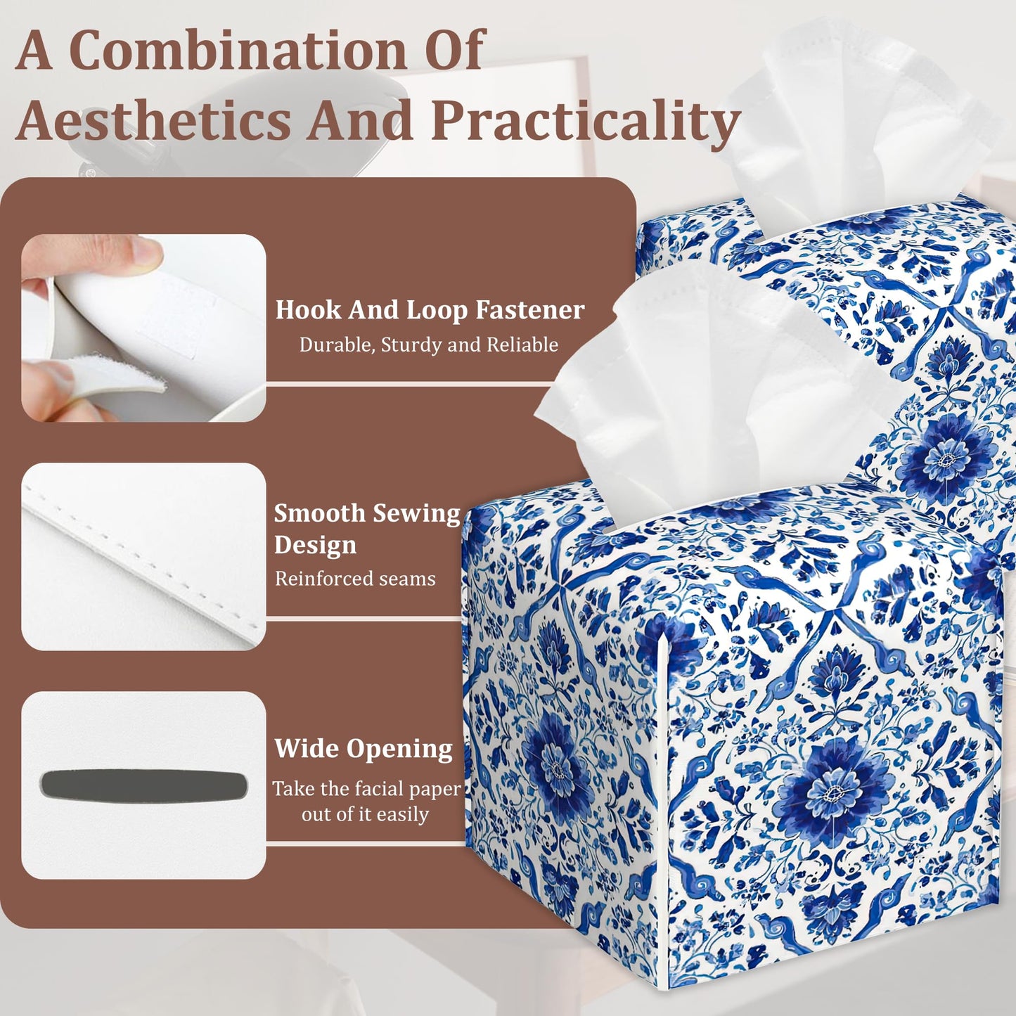 Blue White Ornament Tiles Tissue Box Cover Square Leather Tissue Case Holder Facial Paper Organizer Decorative for Tabletop Night Stands Desk Bathroom Kitchen Home Decor, 2Pack