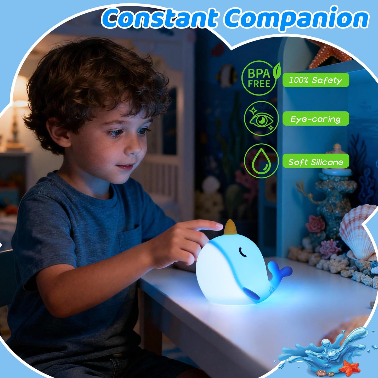 OkiyiD Blue Narwhal Lamp, Cute Silicone Night Light, Dimmable Animal Nursery Night Lights Bedside Touch Lamp, Whale Gifts for Bedroom Whale Decor