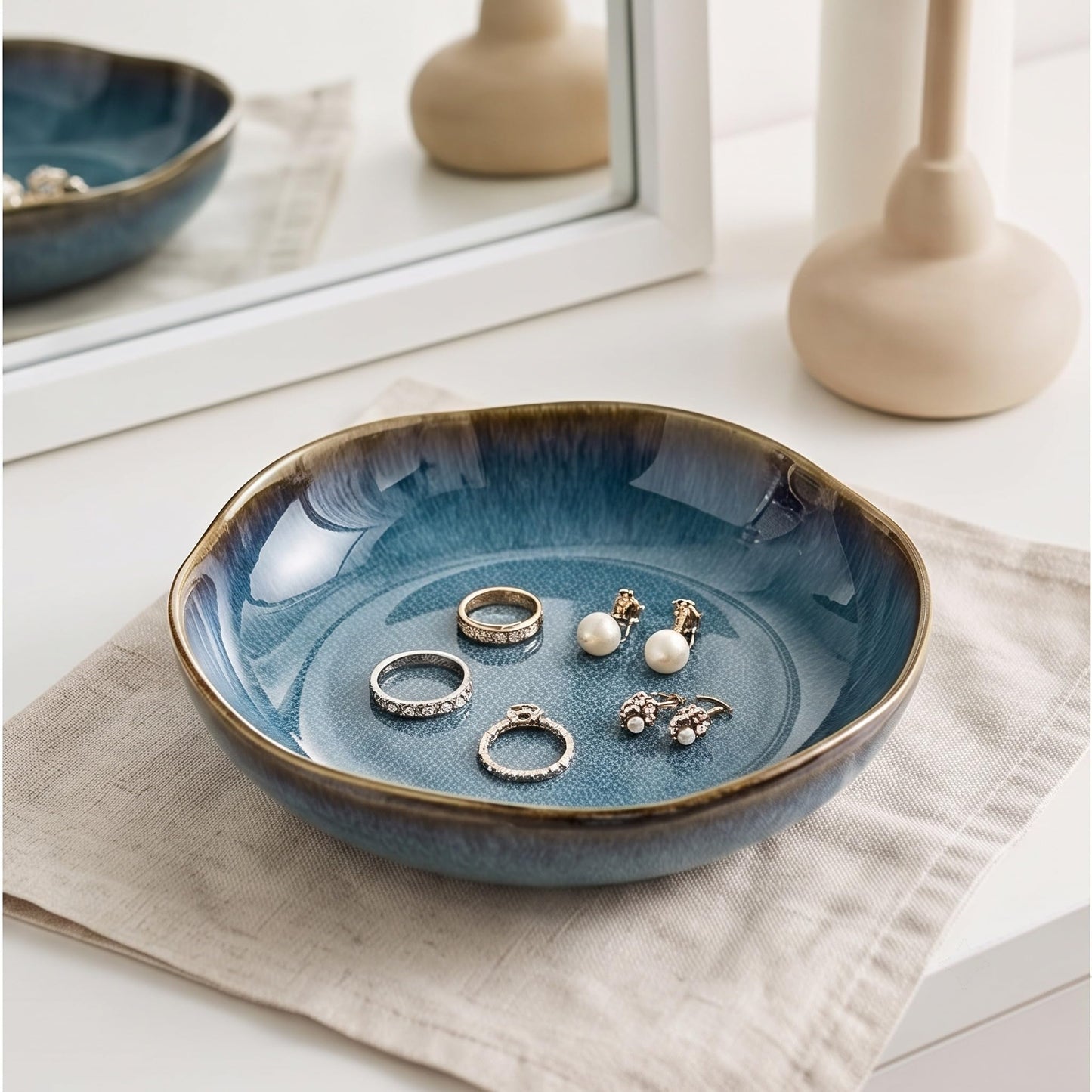 suruim Ceramic Decorative Bowl, Decorative Ceramic Bowl Tray with Reactive Glaze, Shallow Centerpiece Accent for Home Decor Table Shelf Mantel Entryway Display(Blue | M)